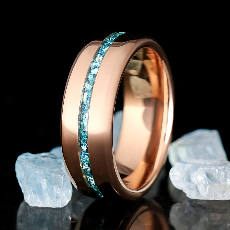 Men’s 8mm aquamarine wedding band in rose gold tungsten