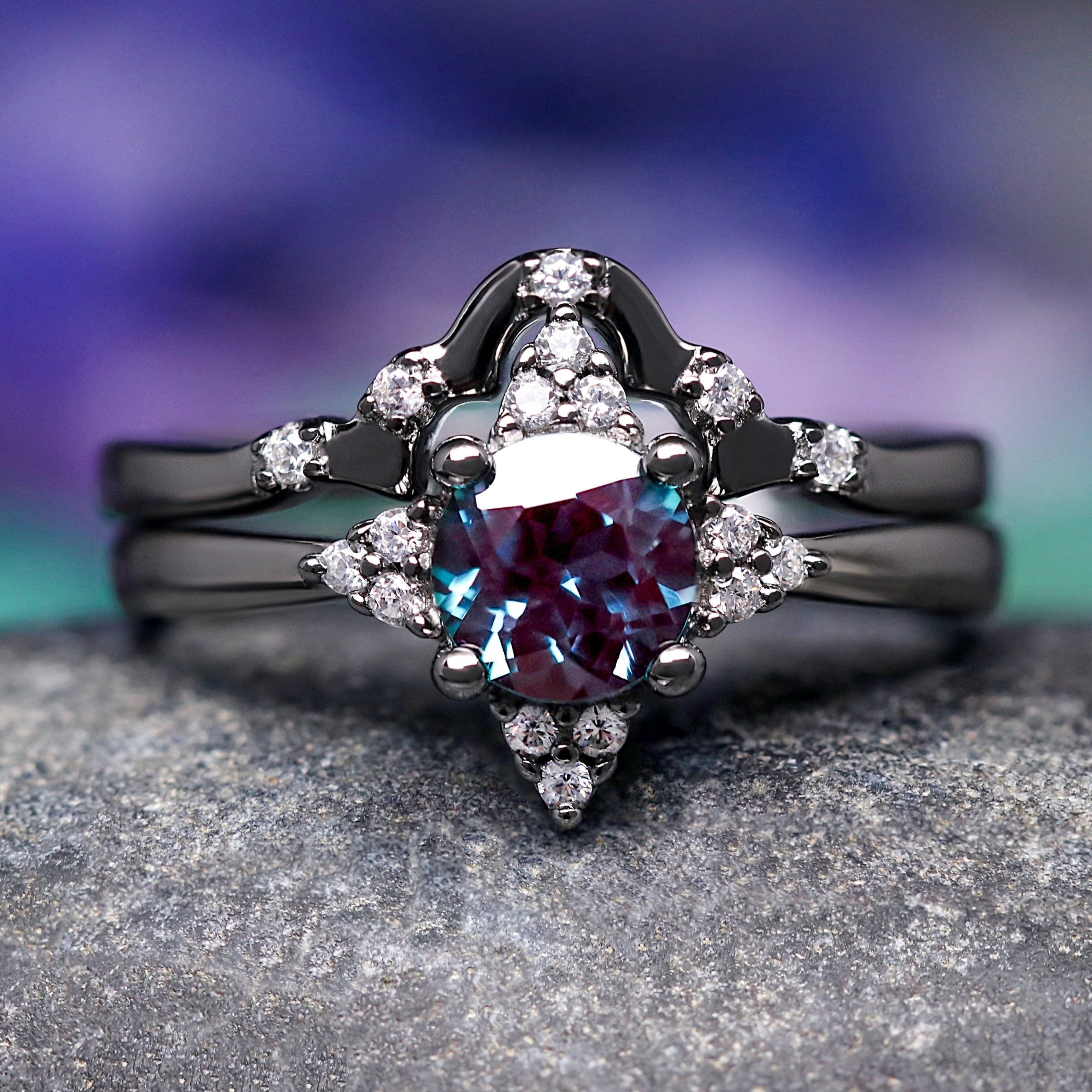 Veloura Black Alexandrite Engagement Ring Set – Unique Wedding Ring for Women, Black Ring, Round Cut Alternative Bridal Set, 925 Silver