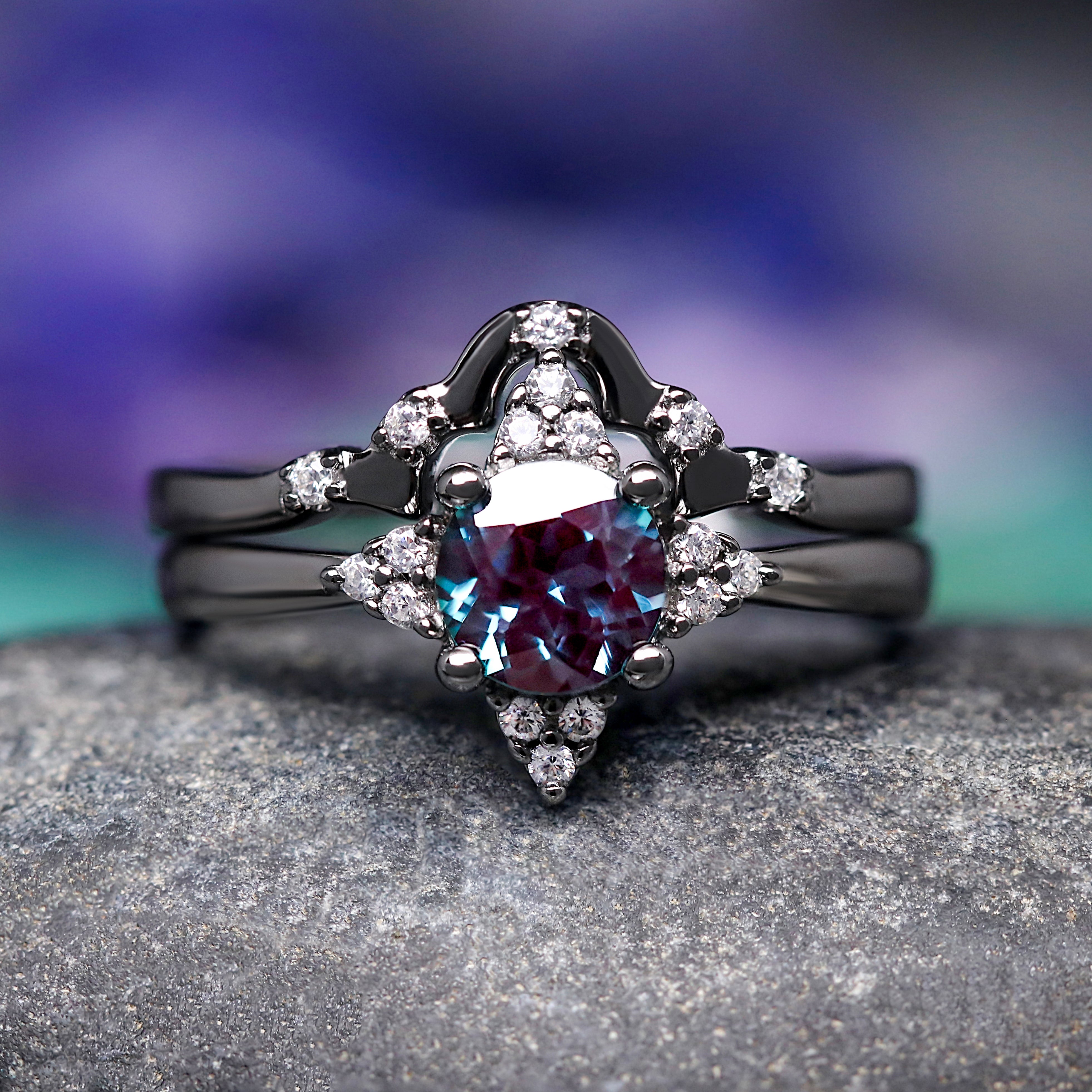 Veloura Black Alexandrite Engagement Ring Set – Unique Wedding Ring for Women, Black Ring, Round Cut Alternative Bridal Set, 925 Silver