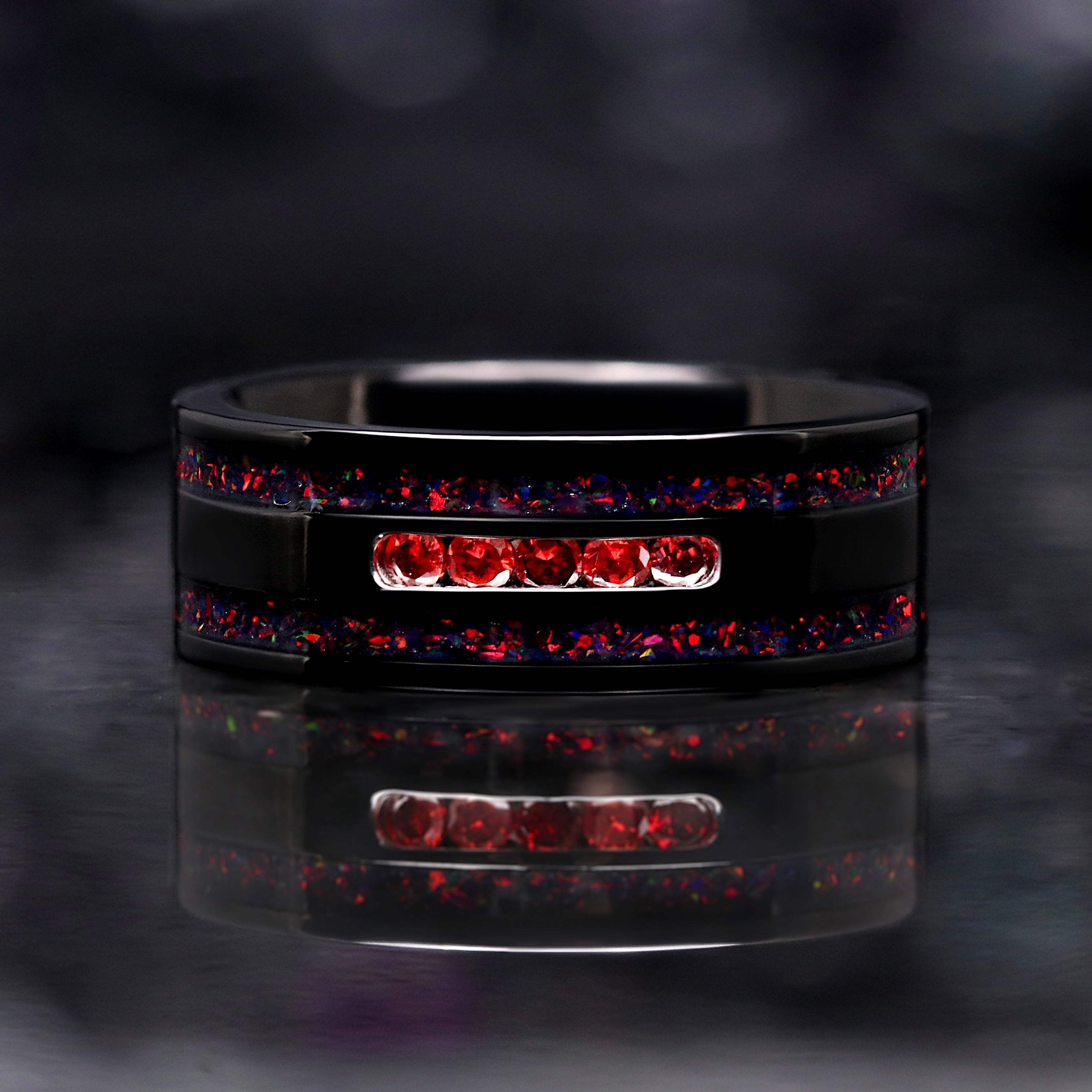 Garnet & Black Fire Opal Wedding Band - Mens Engagement Ring