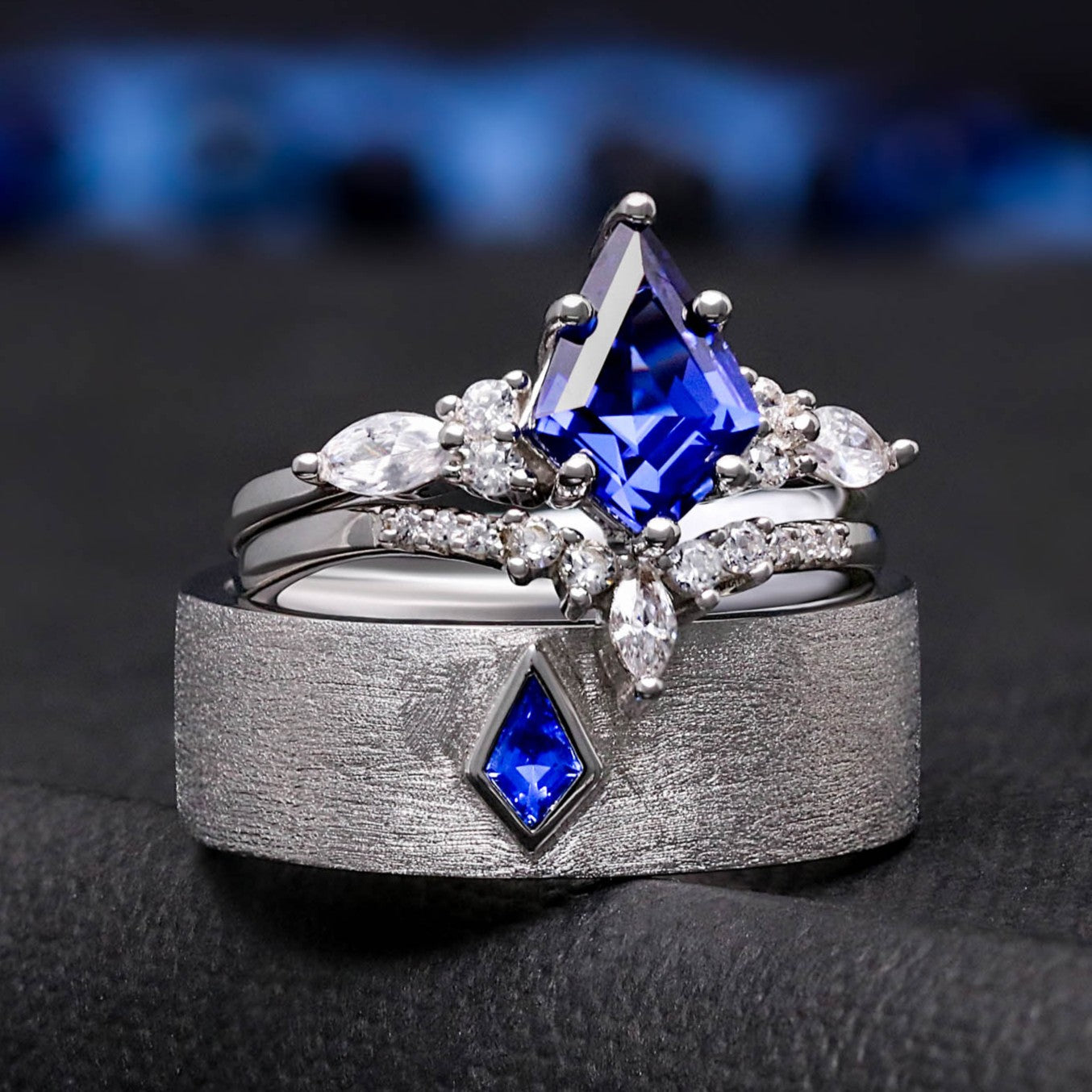 Sterling Silver Couples Ring Set | Kite Blue Sapphire His & Hers Wedding Bands