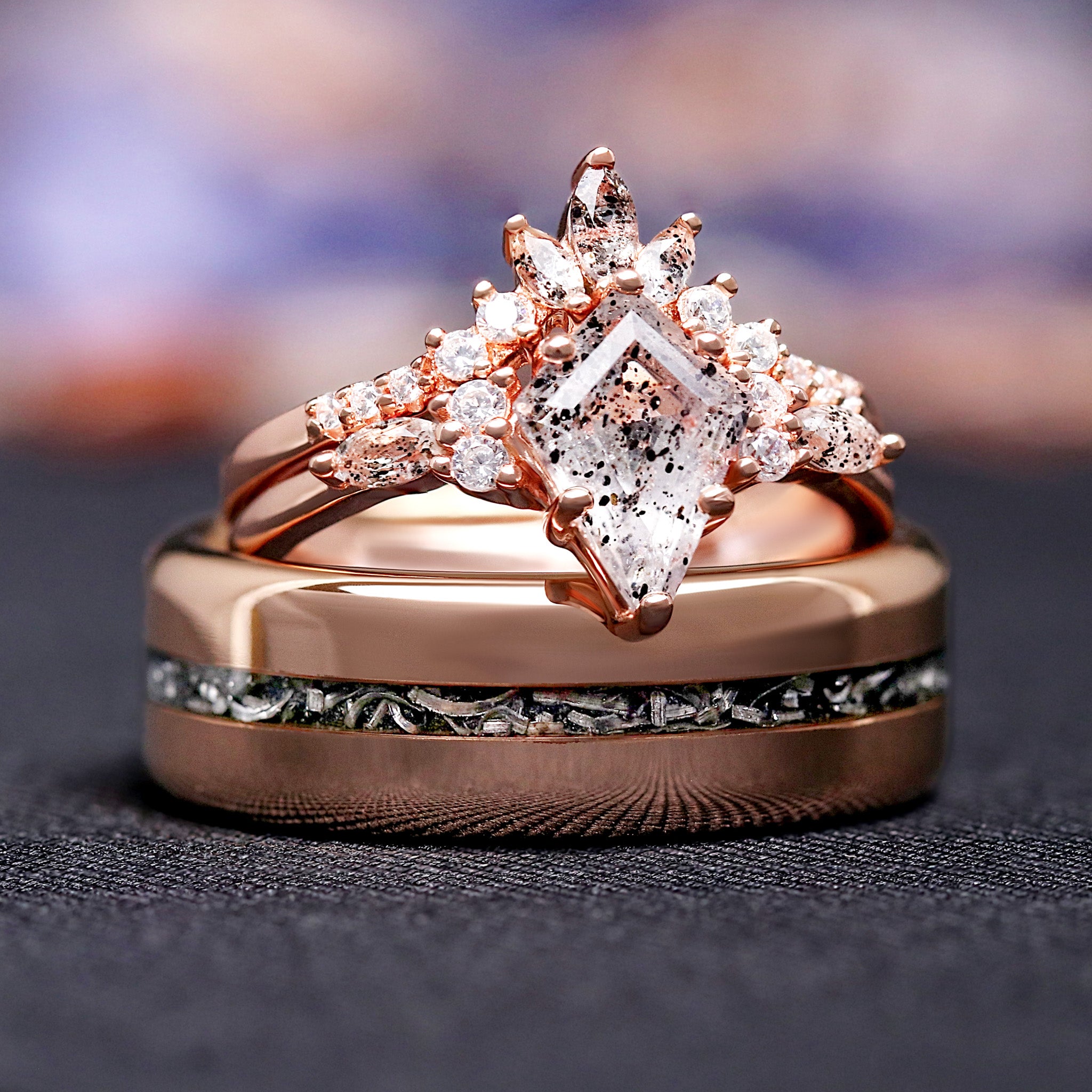 Rose Gold Meteorite Ring, Mens Wedding Band, Unique Gift for Him, Real Genuine Meteorite, Tungsten Flat Polish Band, Engraved Promise Ring