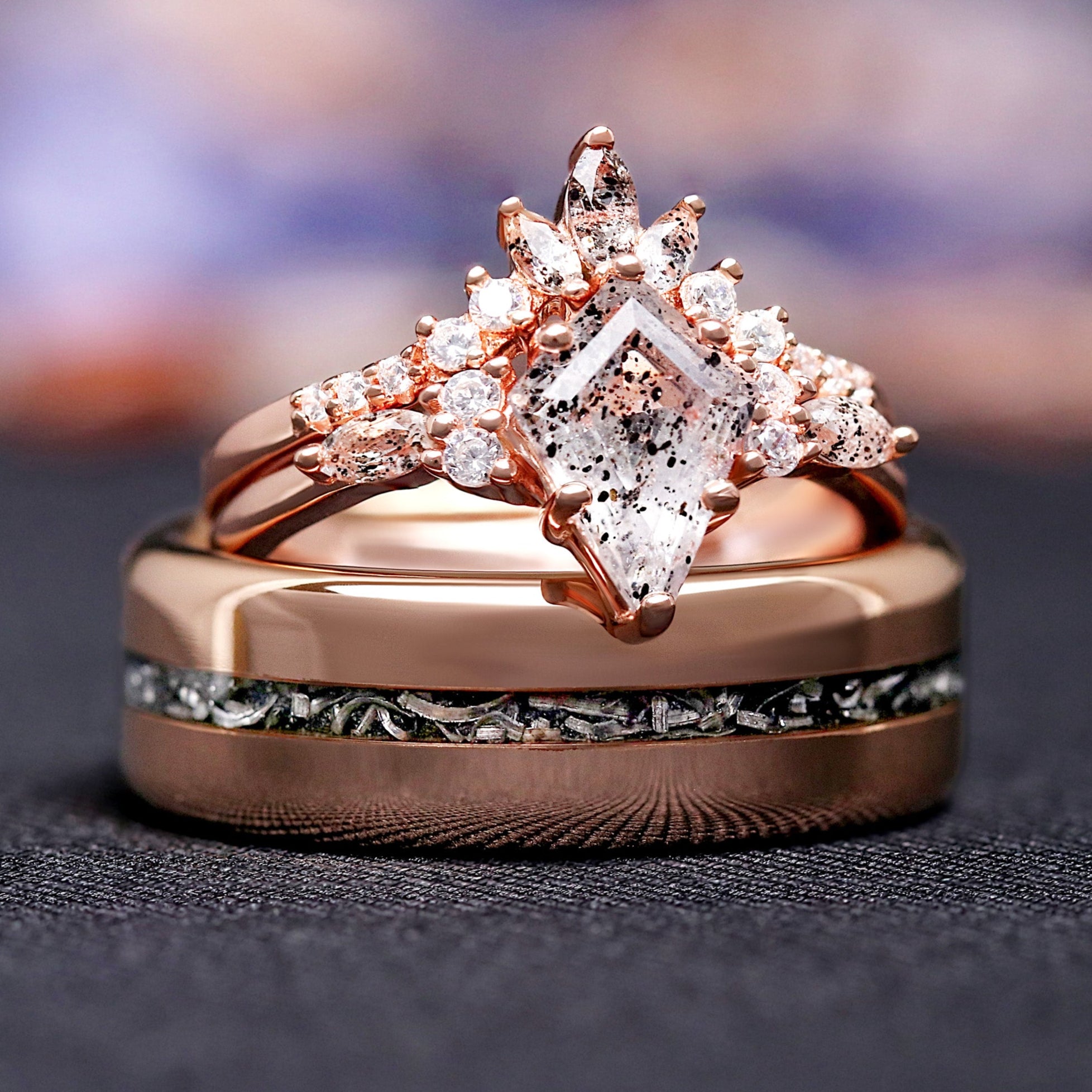 Meteorite & Herkimer Diamond Ring Set, His and Her Rose Gold Engagement Rings, Tungsten Band, 925 Silver, Salt and Pepper Ring Set