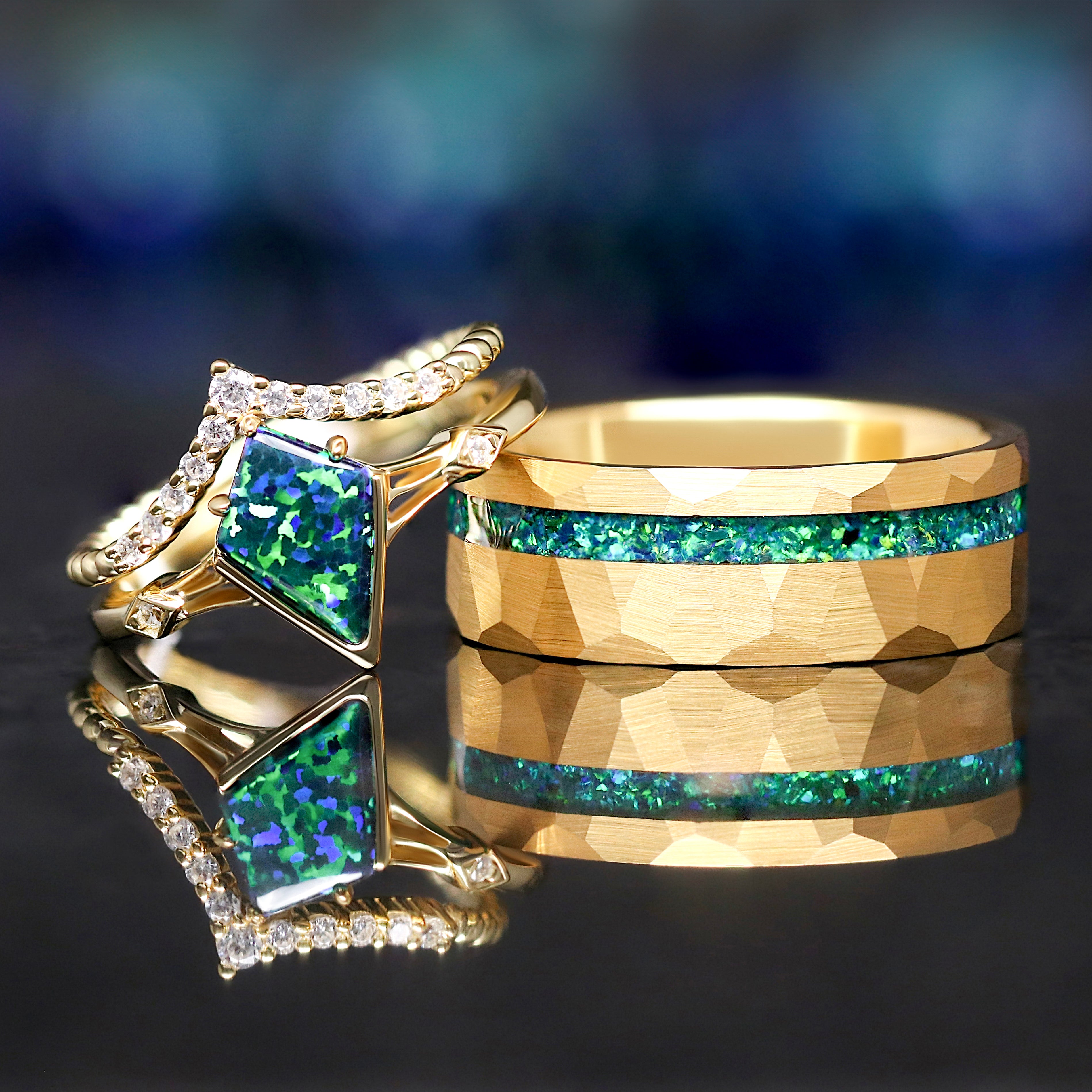Gold Celtic Kite Opal Engagement Ring Set, Blue Green Emerald Opal, Braided Chevron Wedding Band, Unique Alternative Promise Ring for Her