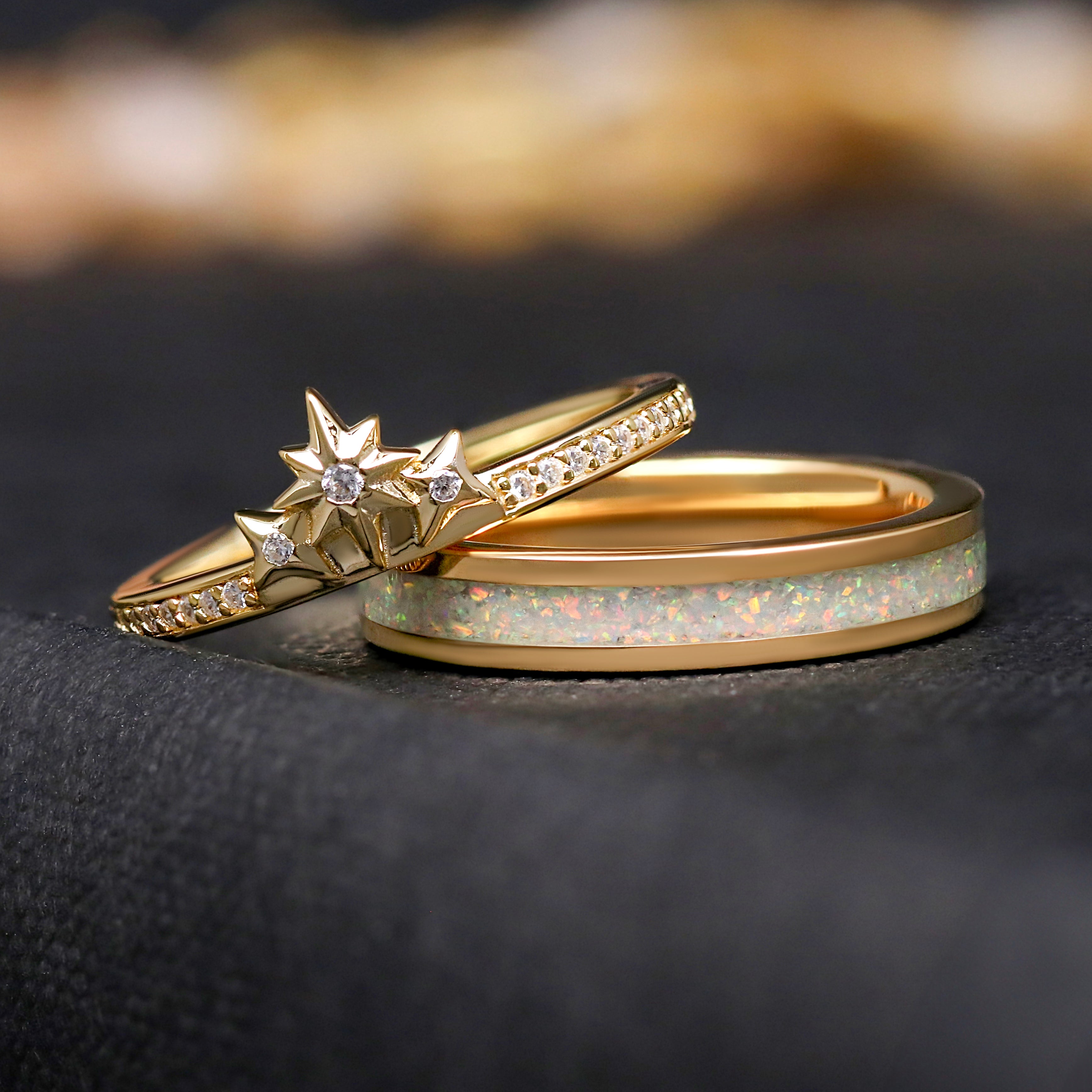 Gold Opal Wedding Ring Set Couples, Matching His and Hers Ring, Fantasy Promise Ring Set, Flat Polish, Stacking Star Ring, Tungsten Band Set