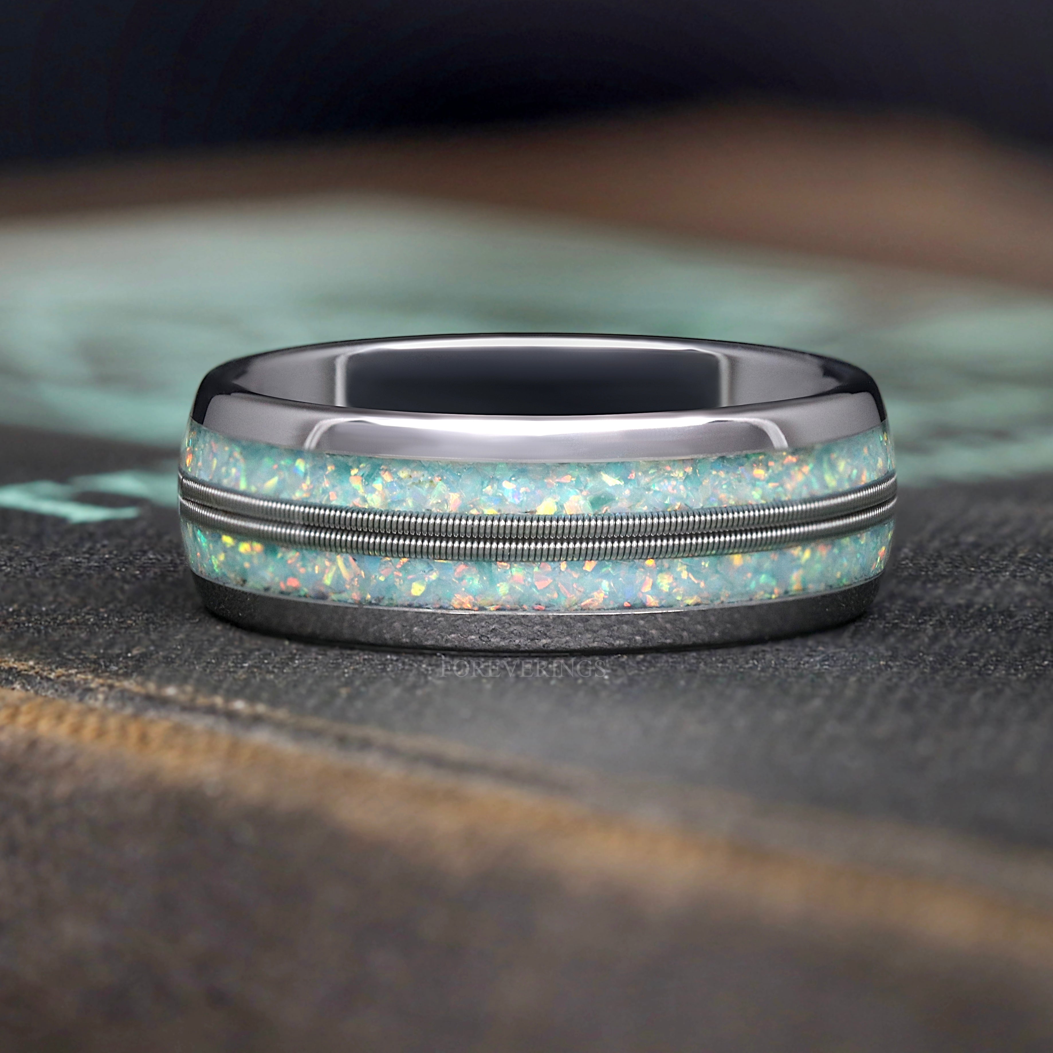 Silver Fire Opal Tungsten Ring - Mens Wedding Band with Guitar String Inlay, Blue and Yellow Opal Engagement Ring for Him, 8mm Dome Polished