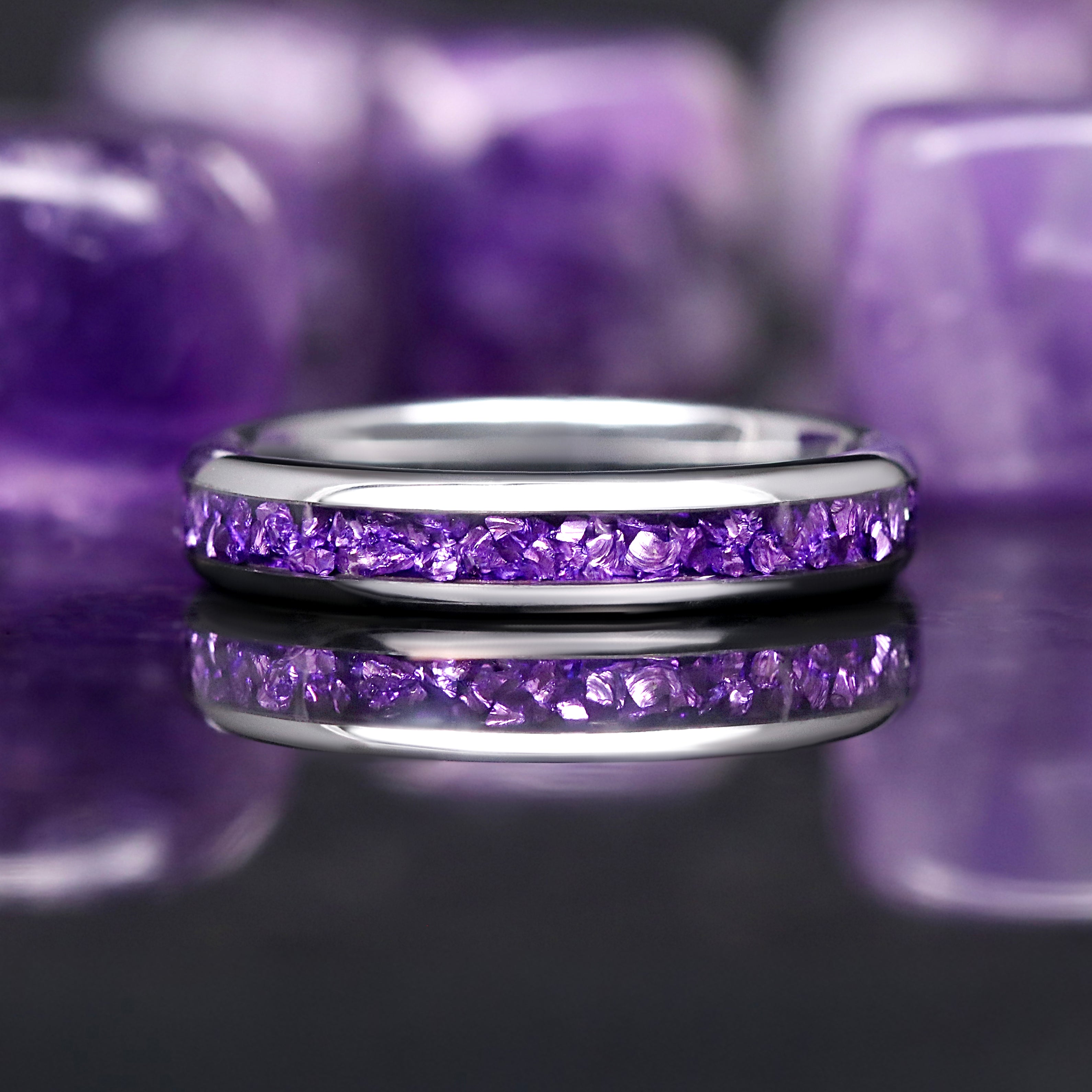 Amethyst Wedding Band, Purple Ring, Silver Tungsten Ring, Women Men Ring, Dome, Polish, Comfort Fit, Simple and Unique Promise Ring