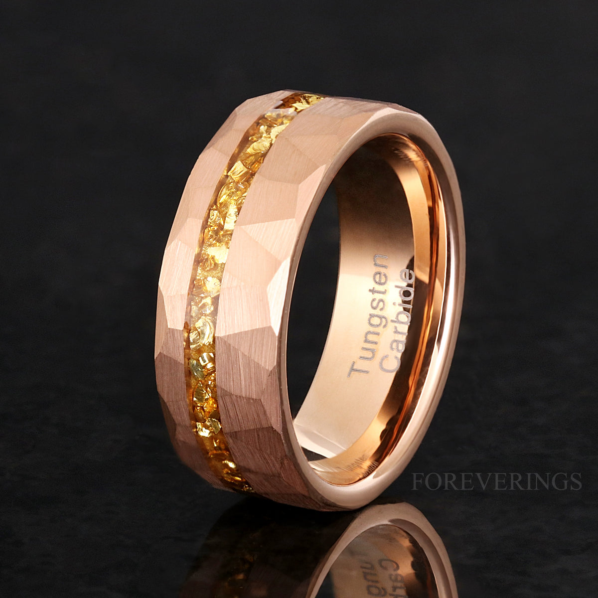 Men's 8mm rose gold hammered tungsten band with crushed citrine inlay standing at an angle