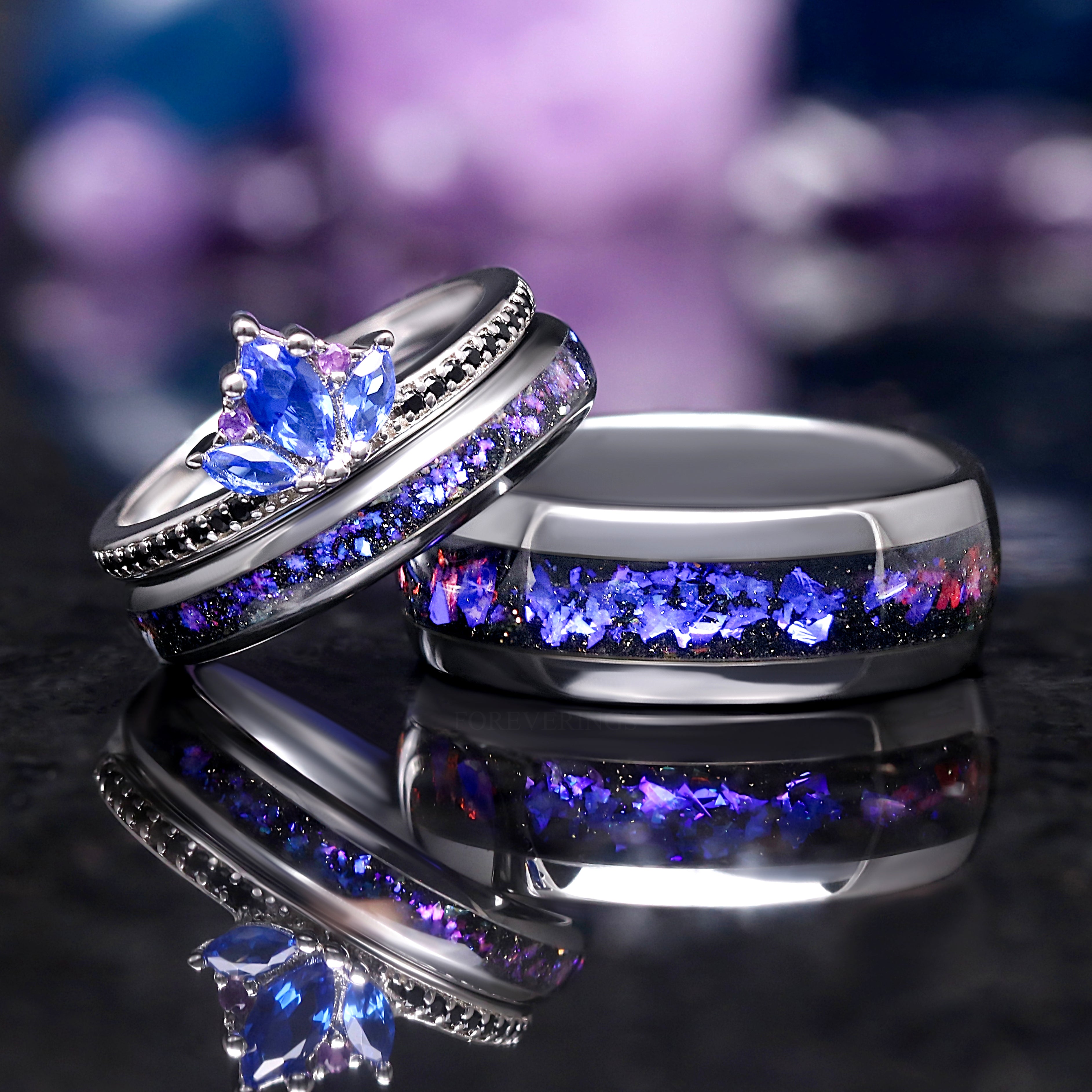 Blue Lotus Orion Nebula Wedding Ring Set: His and Hers Engagement Rings with Sapphire, Amethyst, Tungsten & Sterling Silver for Space Lovers