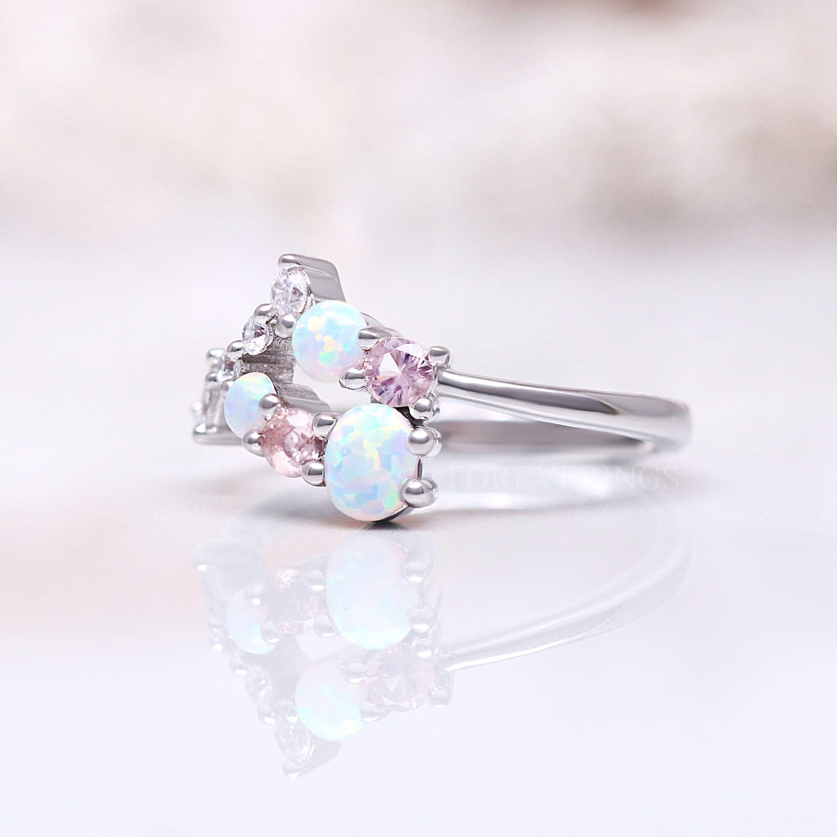 White opal and morganite cluster ring in sterling silver, side view