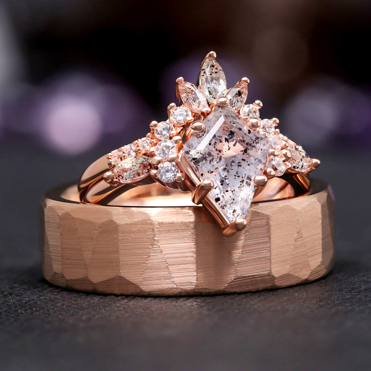 Herkimer diamond bridal set in rose gold resting on a wider rose gold hammered band