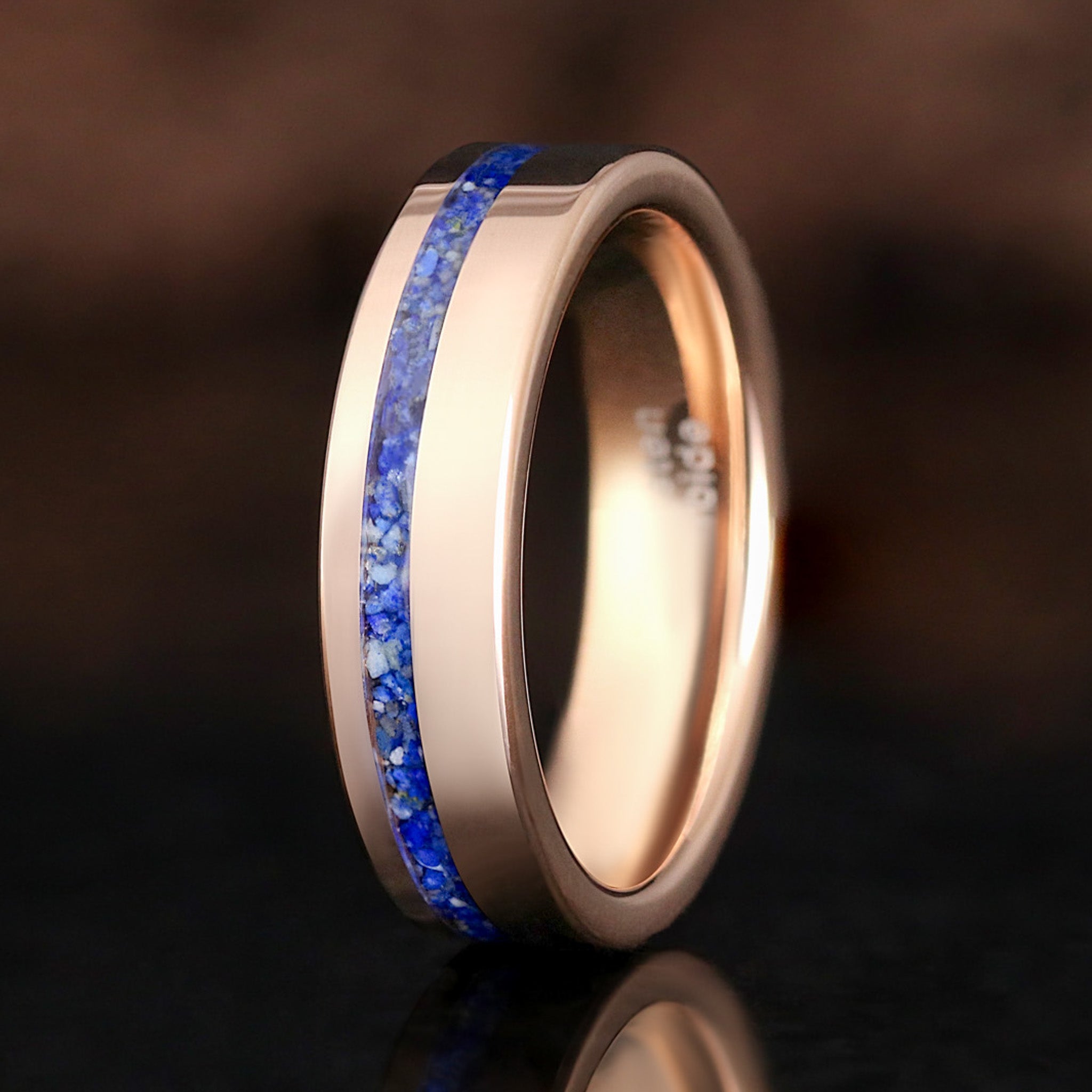 Lapis Lazuli Wedding Band, Men's Rose Gold Tungsten Ring, 6mm Offset Inlay, Blue Engagement or Promise Ring, Unique Gift for Him
