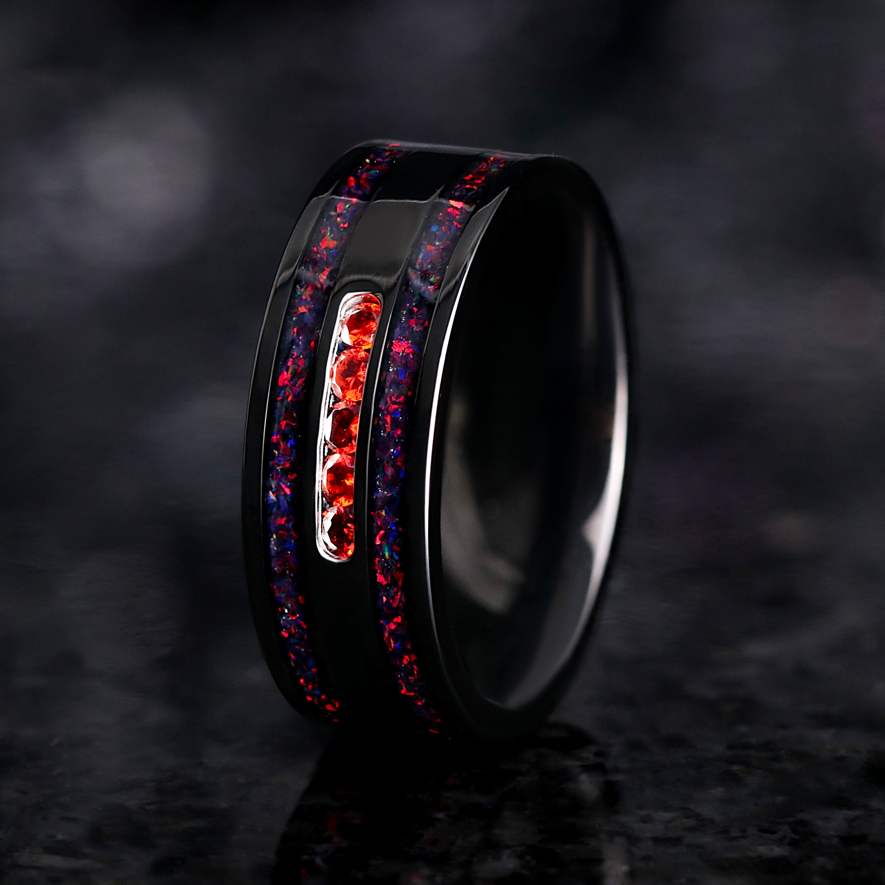 Garnet & Black Fire Opal Wedding Band - Mens Engagement Ring