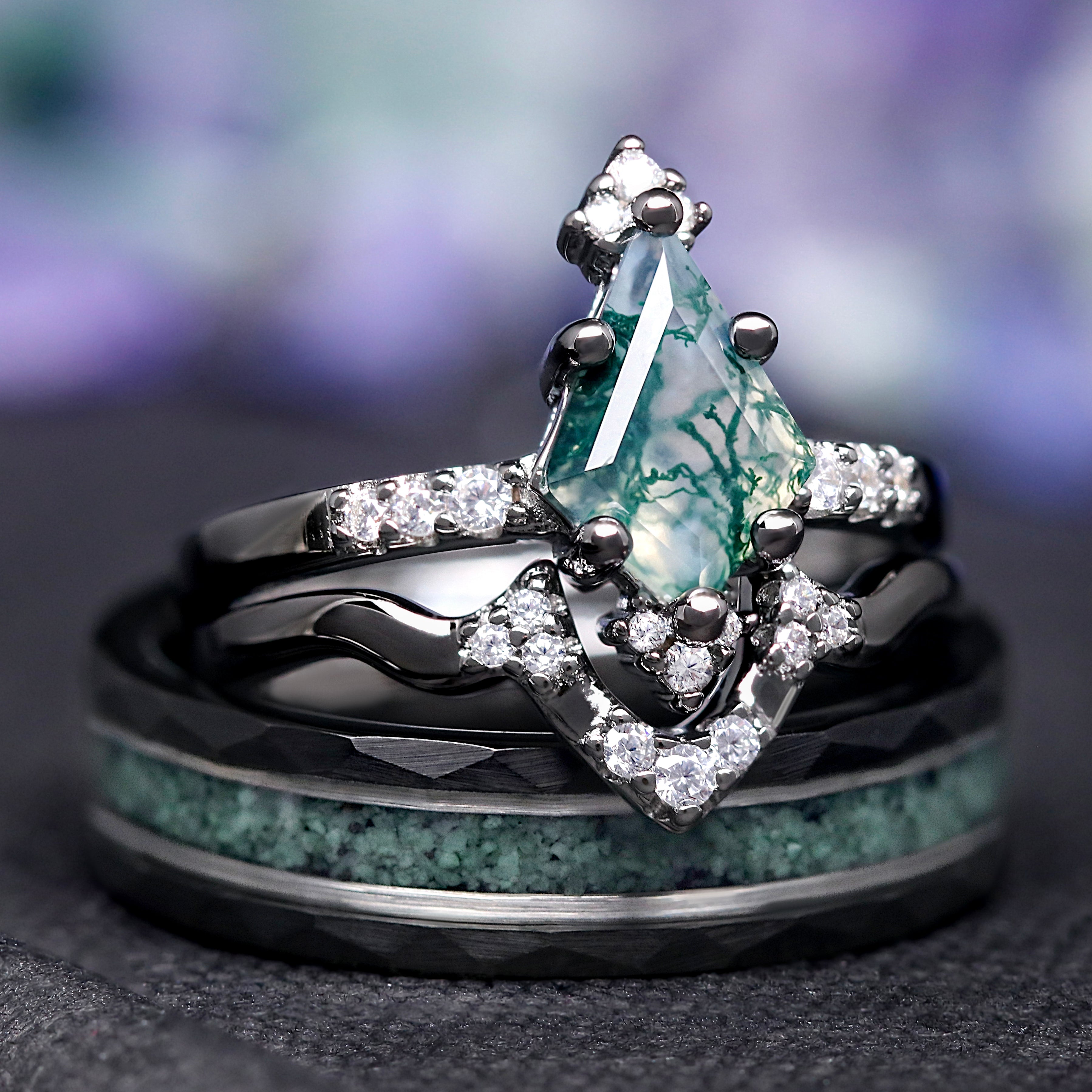 Weaver Green Moss Agate Ring Set, His and Hers Wedding Band Set, Black Ring, Matching Nature Couples Ring, Black Tungsten & Sterling Silver