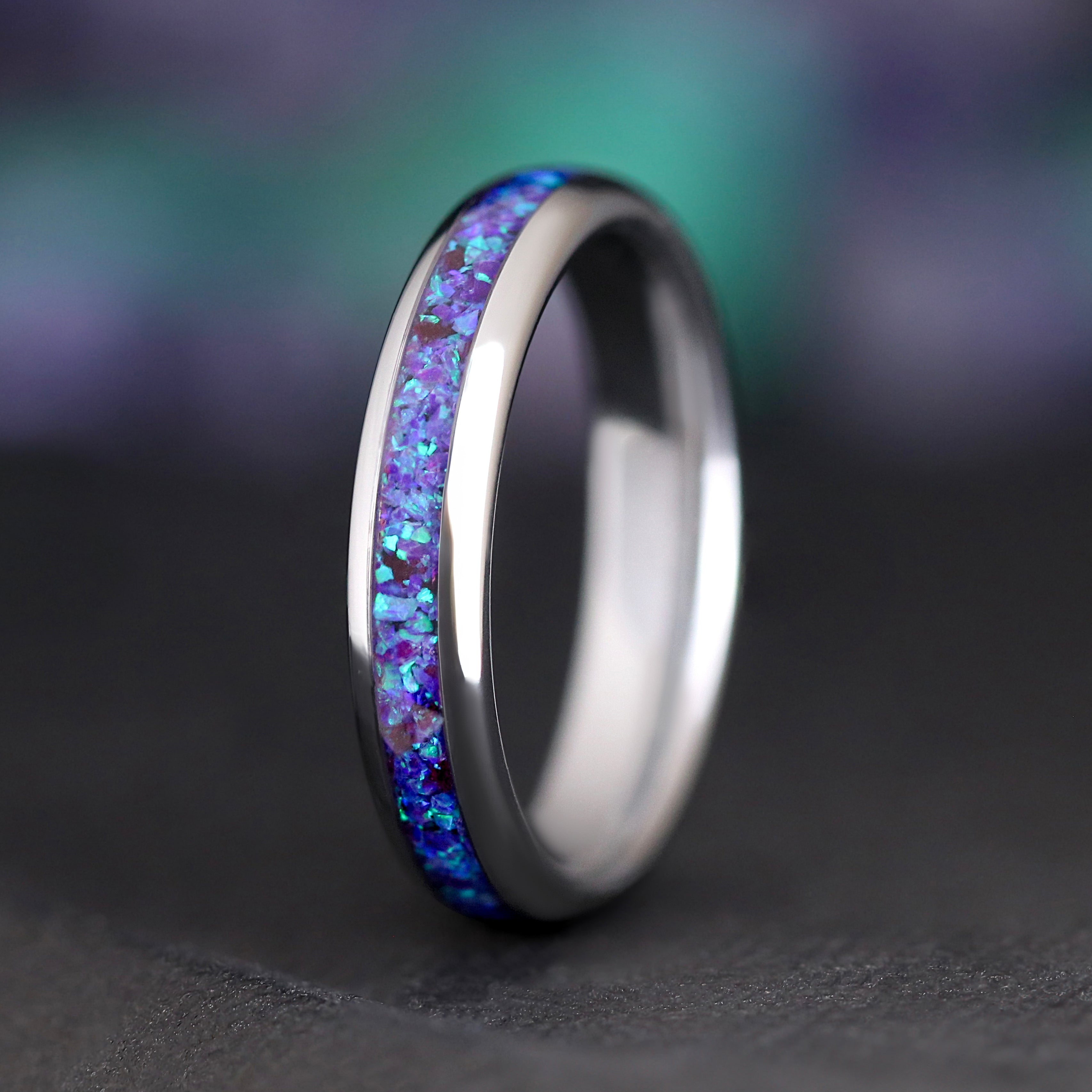 Borealis Opal Wedding Band Set, His and Hers Fire Opal Ring Set, Silver Tungsten Ring, Crushed Opal, 6mm & 4mm Matching Promise Ring, Offset