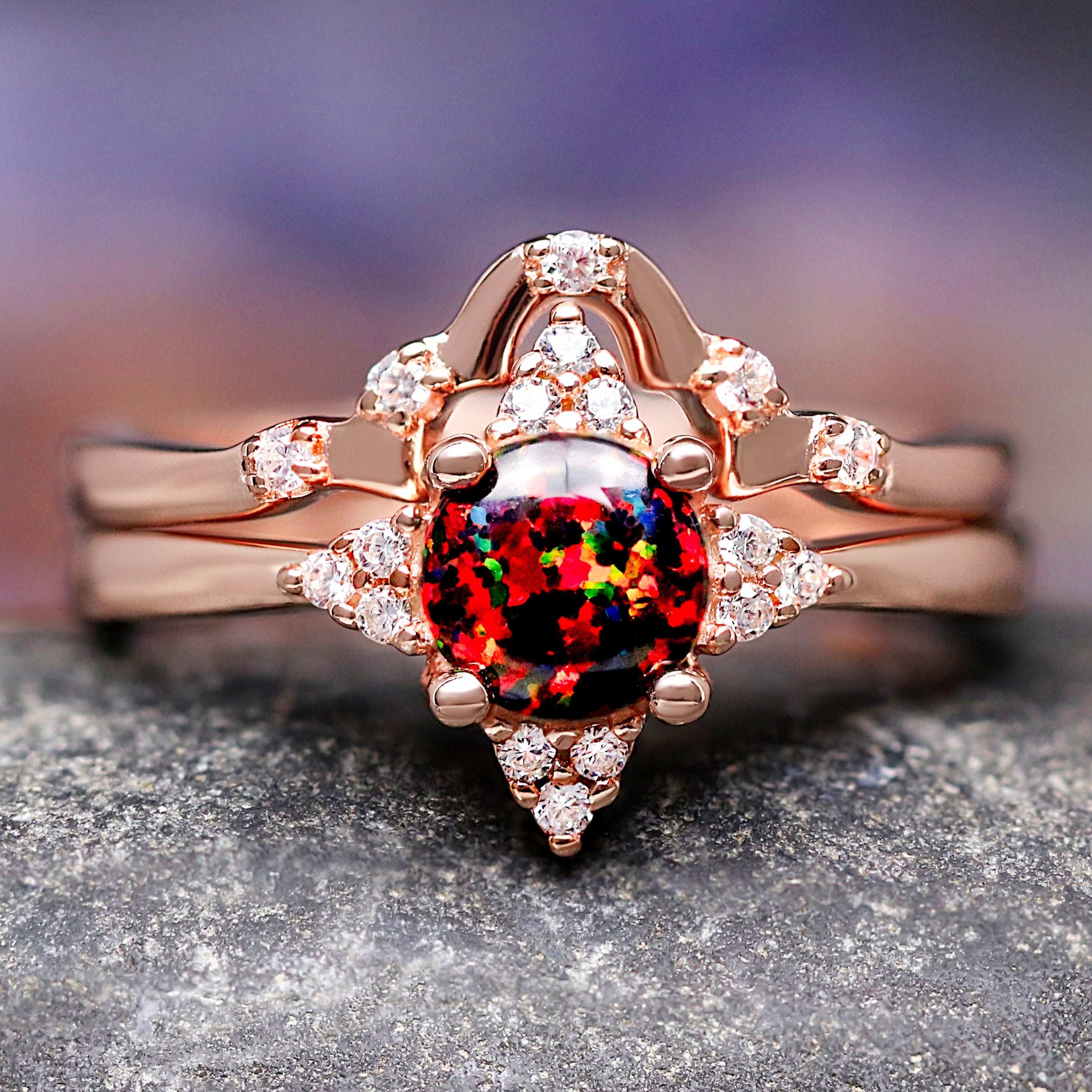 Veloura Black Fire Opal Ring Set, Womens Wedding Ring, Rose Gold Sterling Silver, Unique Engagement Ring, Bridal Set, Promise Ring for Her