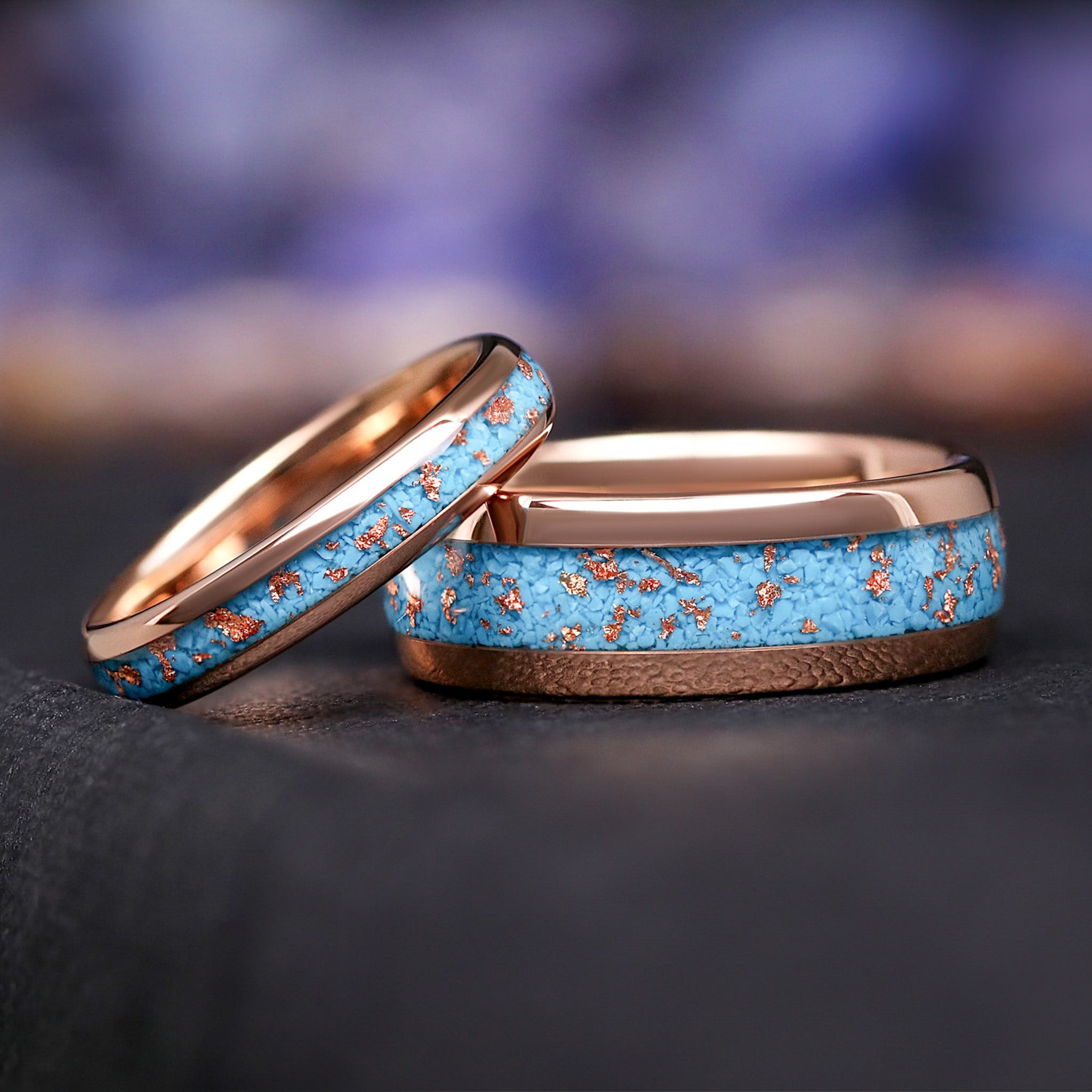 Western Mens Rose Gold Wedding Band, Turquoise & Rose Gold Foil Inlay, 8mm Tungsten Ring, Dome Polished, Durable Promise or Anniversary Ring
