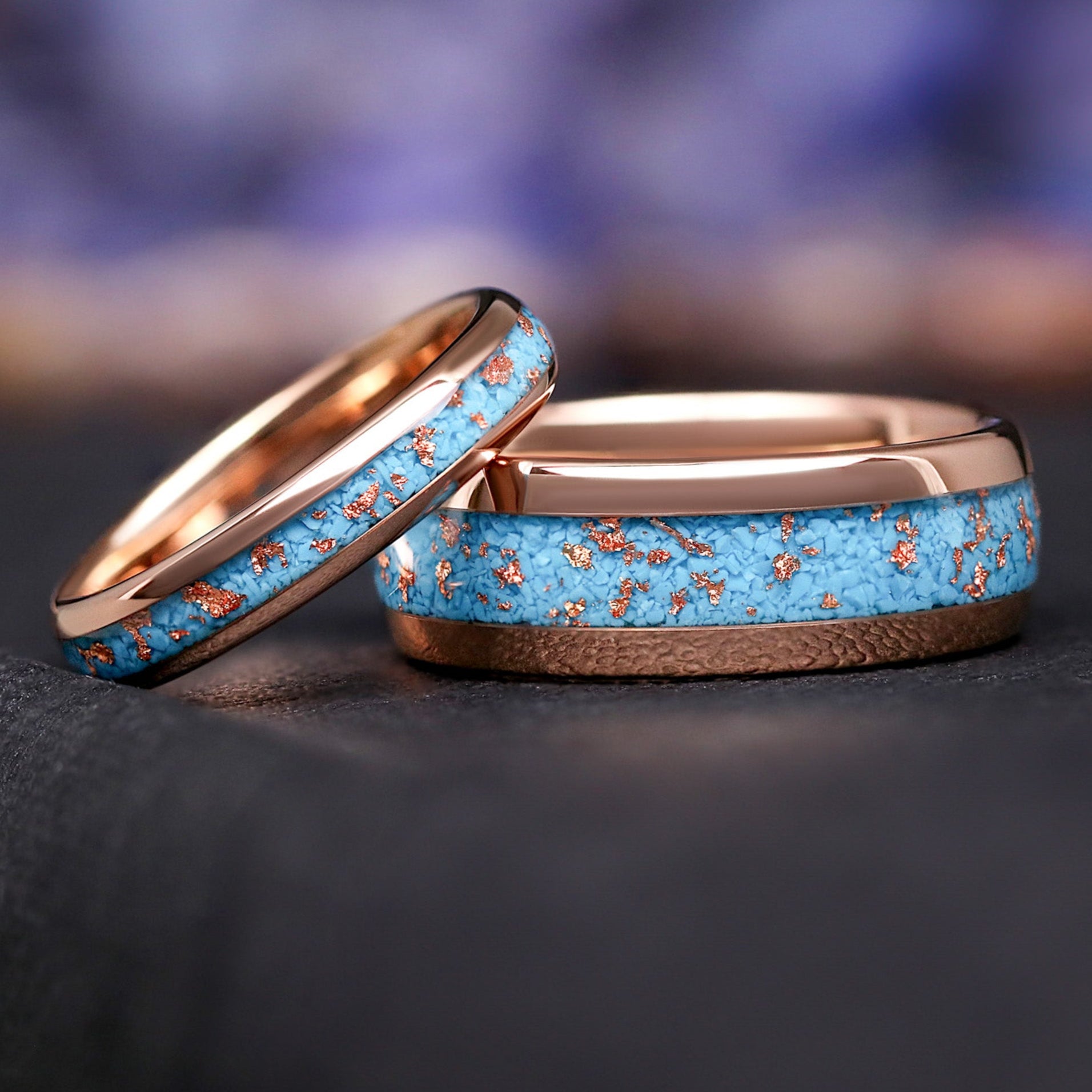Western His & Hers Rose Gold Wedding Band Set, Matching Couple Rings, Tungsten 8mm-4mm, Dome Polished, Crushed Turquoise and Rose Gold Foil