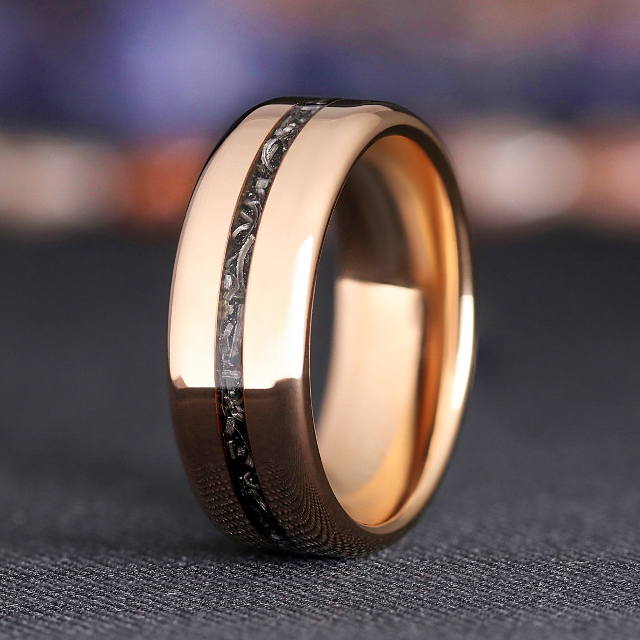 Rose Gold Meteorite Ring, Mens Wedding Band, Unique Gift for Him, Real Genuine Meteorite, Tungsten Flat Polish Band, Engraved Promise Ring