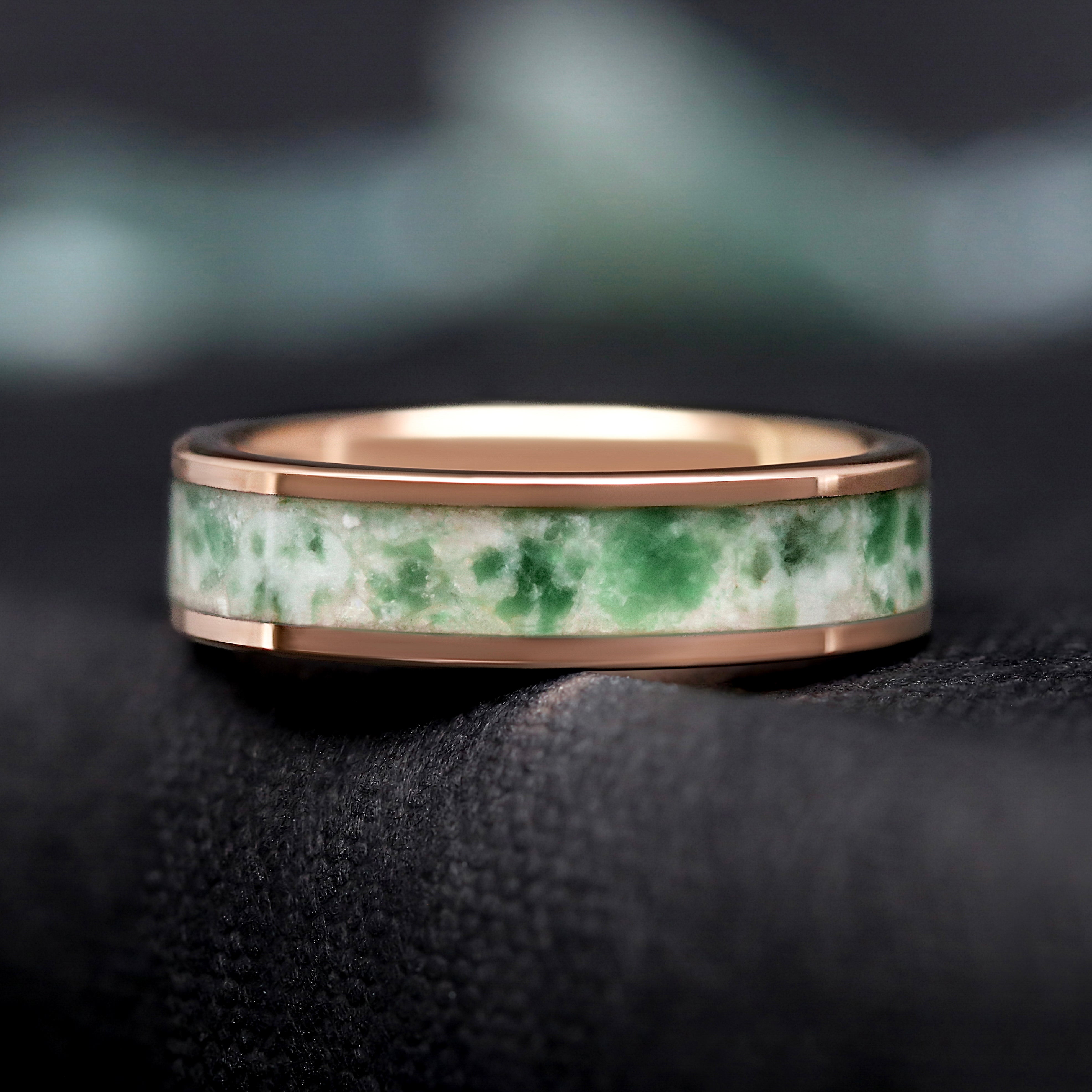 Rose Gold Moss Agate Ring, Mens Wedding Band, 6mm Tungsten, Flat Polished Comfort Fit, Nature-Inspired Promise Ring, Unique Anniversary Gift