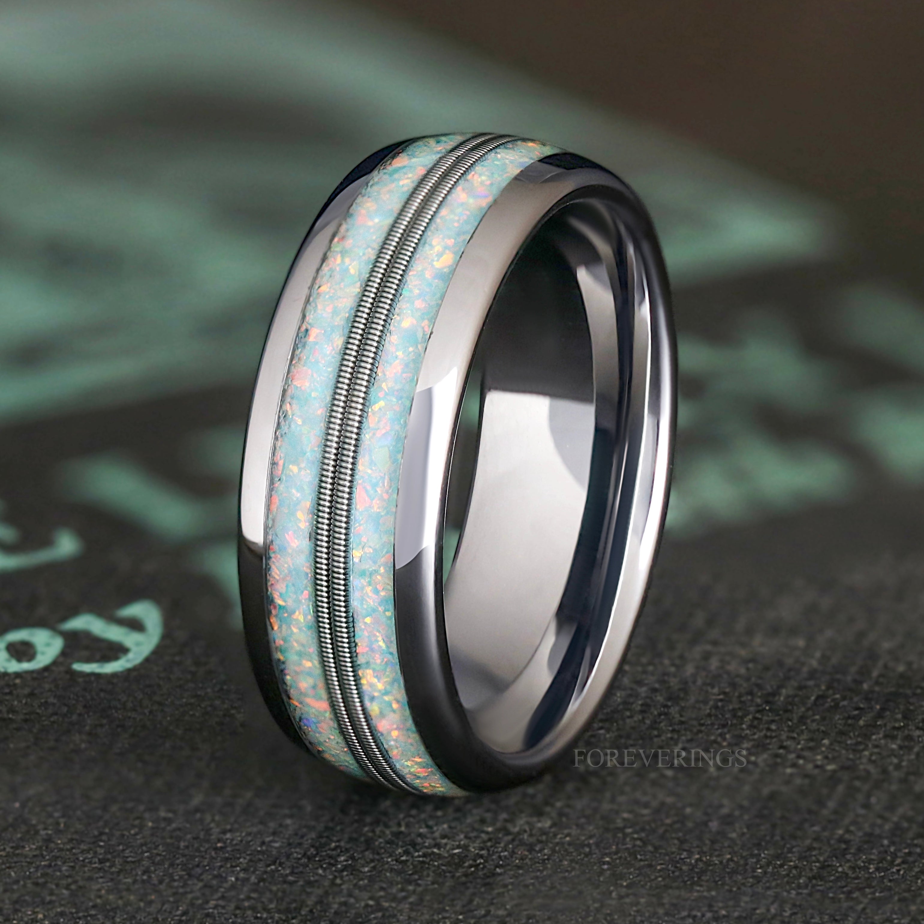 Silver Fire Opal Tungsten Ring - Mens Wedding Band with Guitar String Inlay, Blue and Yellow Opal Engagement Ring for Him, 8mm Dome Polished