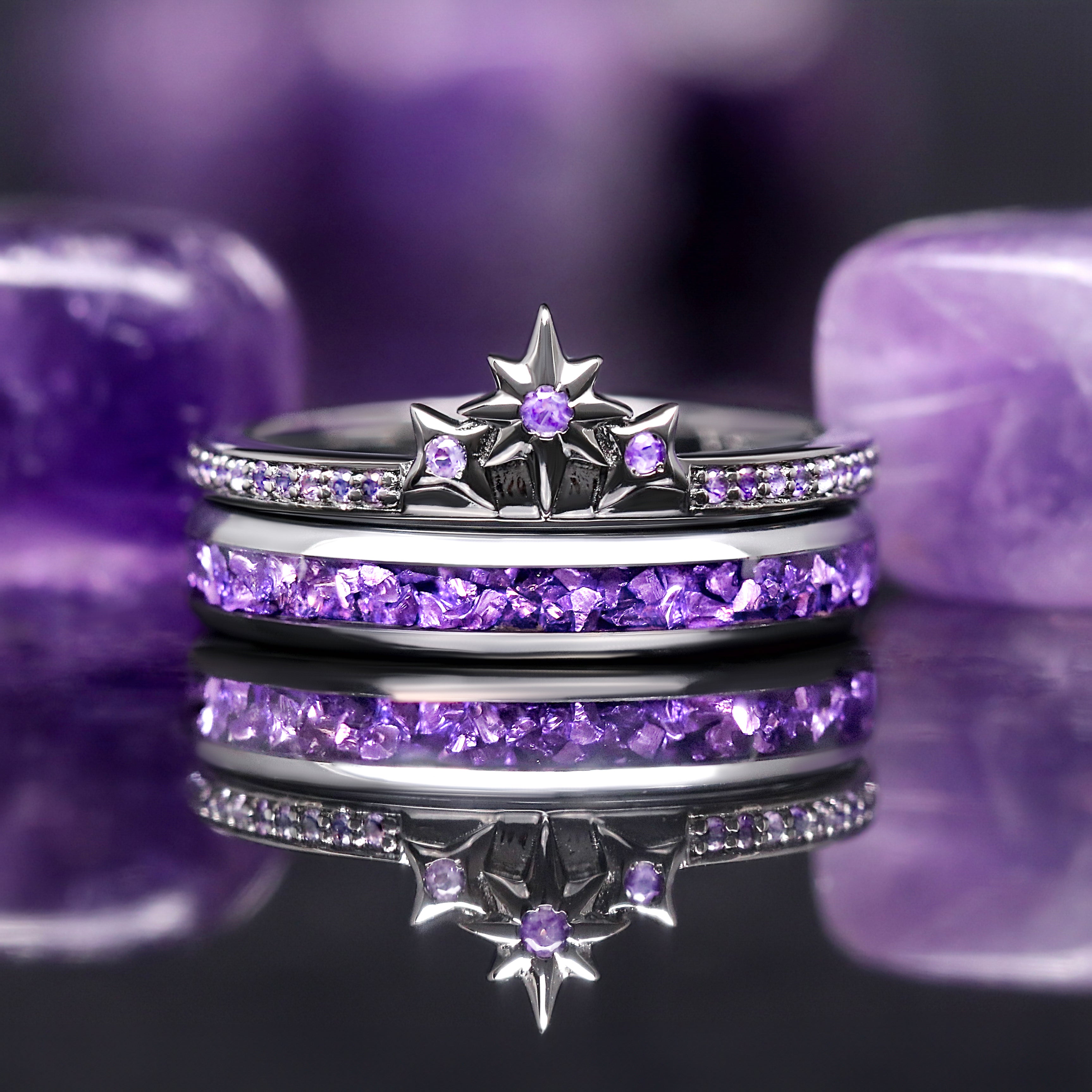 Amethyst Star Couples Ring Set - Unique Stacking Engagement & Wedding Bands, His and Hers Cosmic Space Rings, Promise Anniversary Jewelry