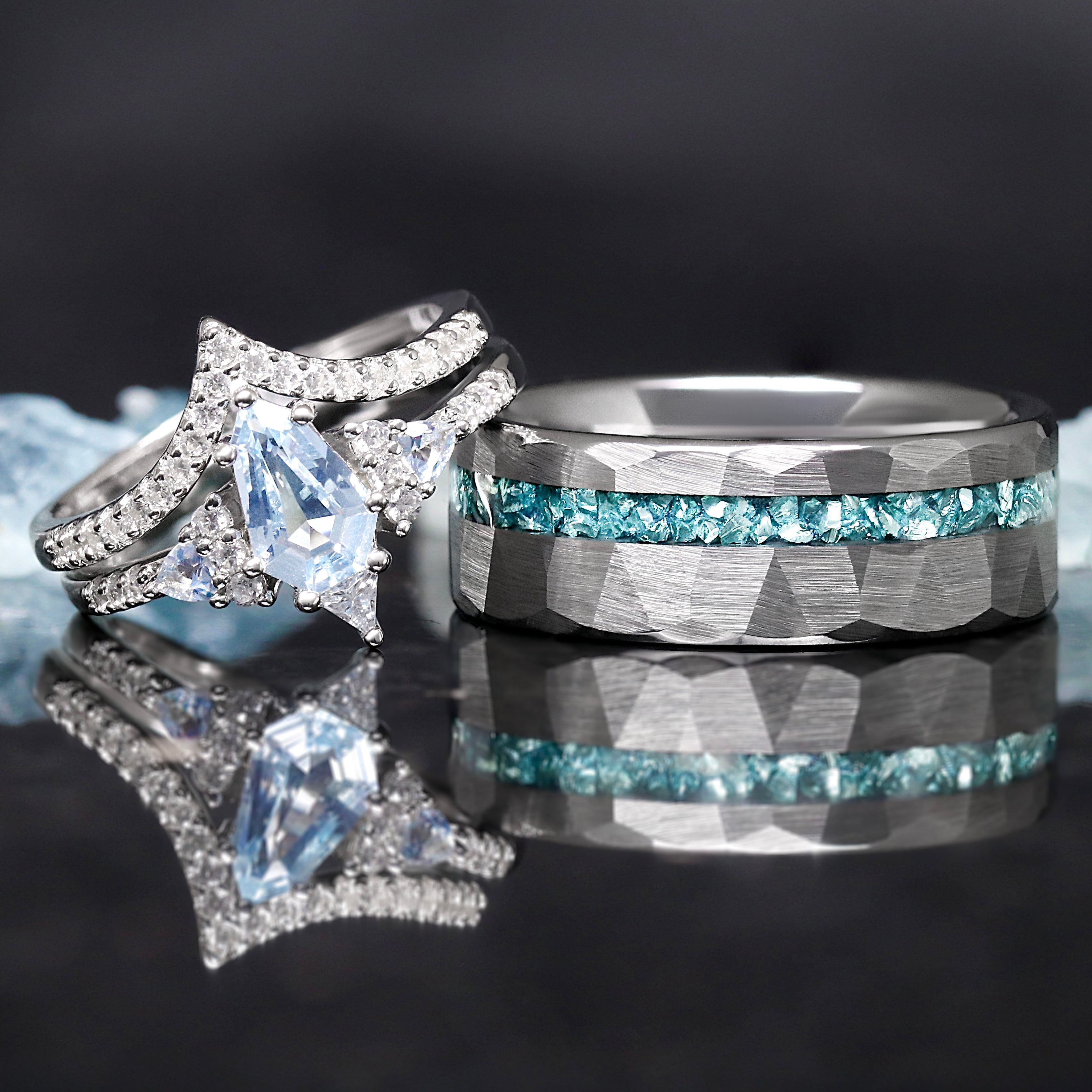 Lumiere Aquamarine Couples Engagement and Wedding Ring Set