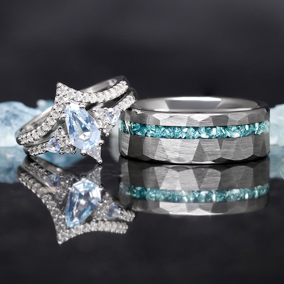 Elegant Lumiere aquamarine rings for him and her