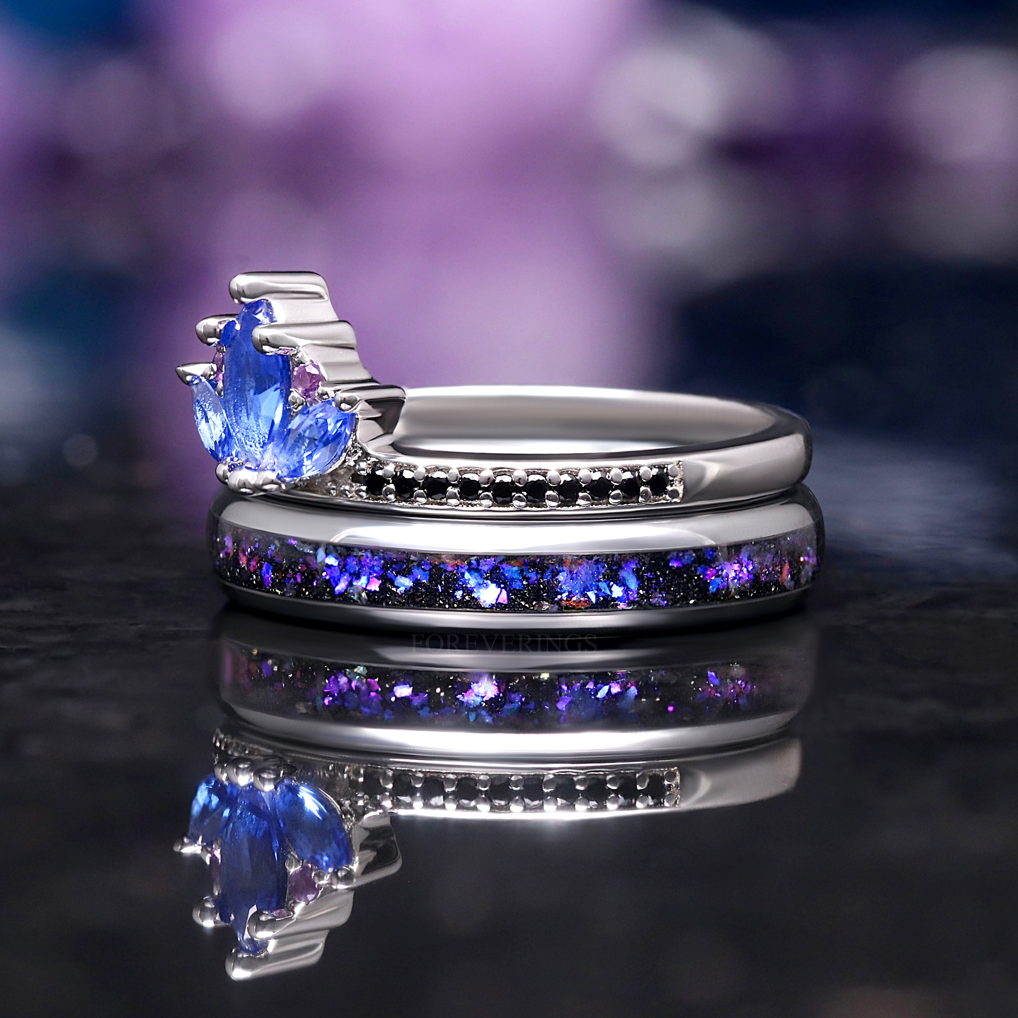 Blue Lotus Orion Nebula Wedding Ring Set: His and Hers Engagement Rings with Sapphire, Amethyst, Tungsten & Sterling Silver for Space Lovers