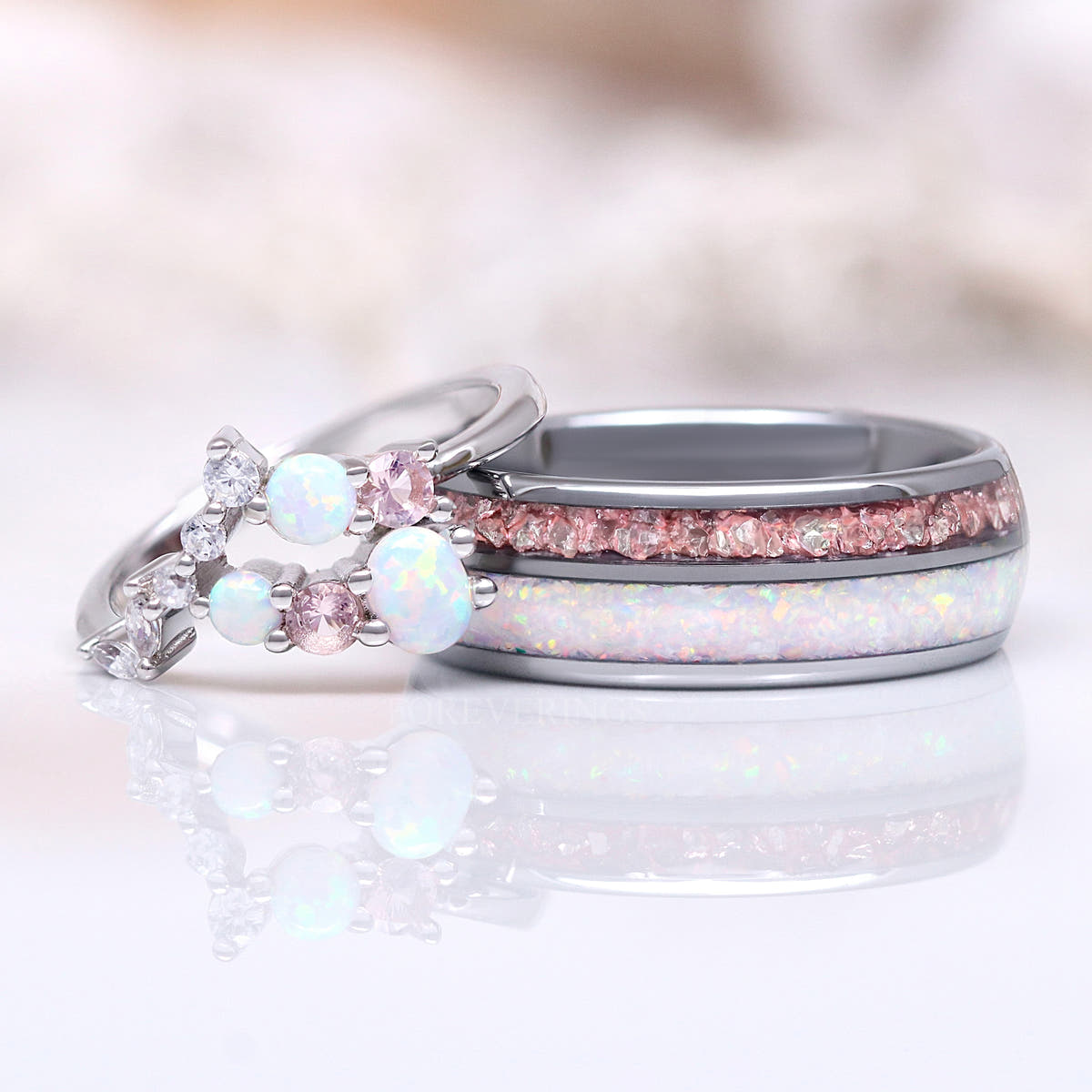 Matching silver couples ring set, opal cluster ring and 8mm band with morganite and opal inlay