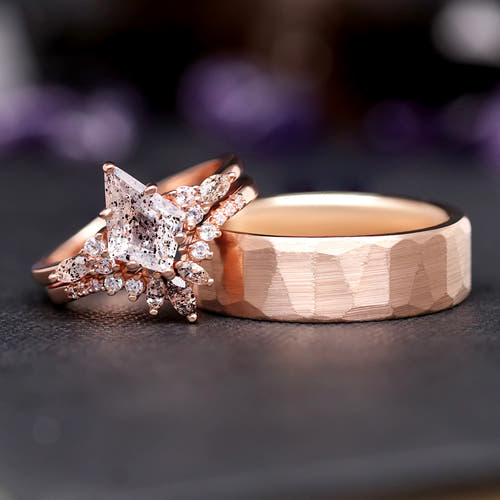 Matching rose gold couples ring set with a kite cut salt and pepper Herkimer diamond and 7mm hammered band