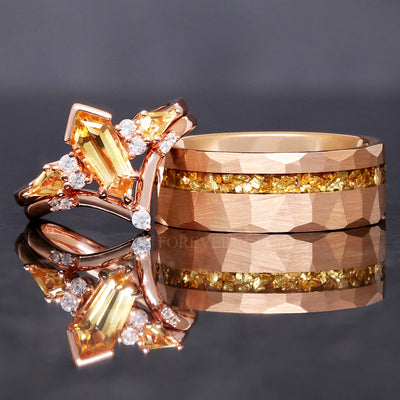 Matching rose gold couples ring set with a kite-cut citrine bridal set and 8mm hammered band