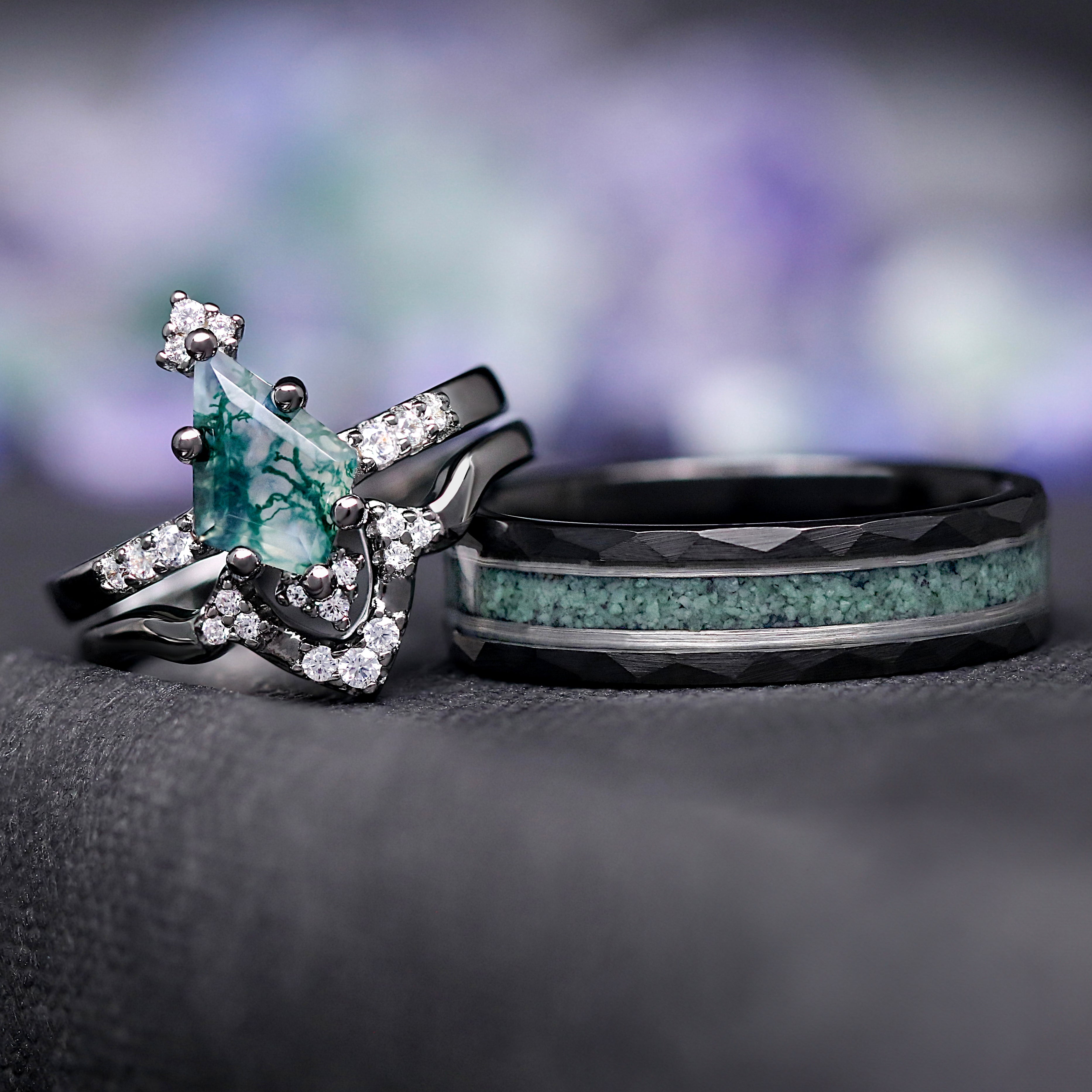 Weaver Green Moss Agate Ring Set, His and Hers Wedding Band Set, Black Ring, Matching Nature Couples Ring, Black Tungsten & Sterling Silver