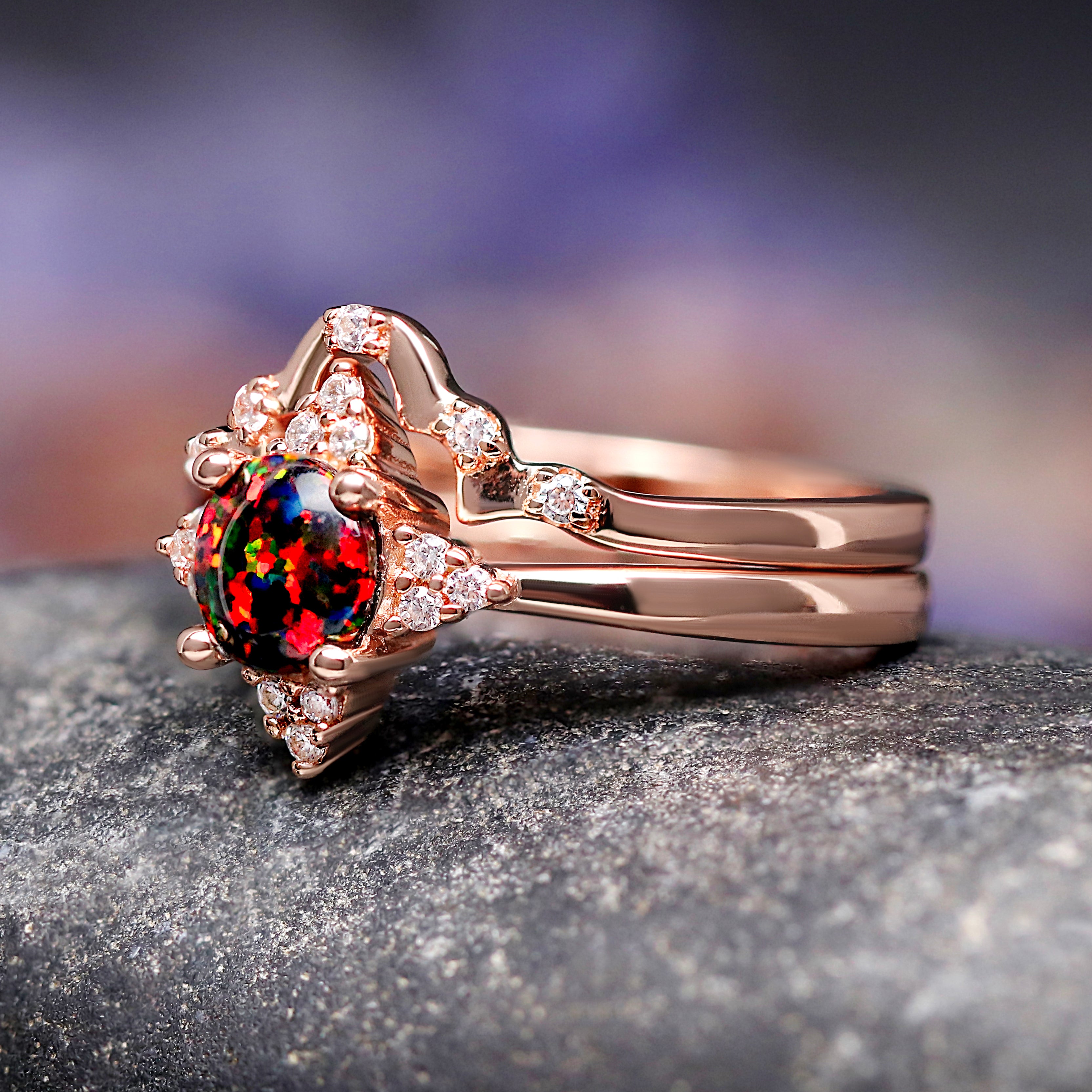Black Opal Couples Ring in Rose Gold, His and Hers Wedding Ring Set, Black Fire Opal, Matching Bands, Nontraditional Engagement Ring Set