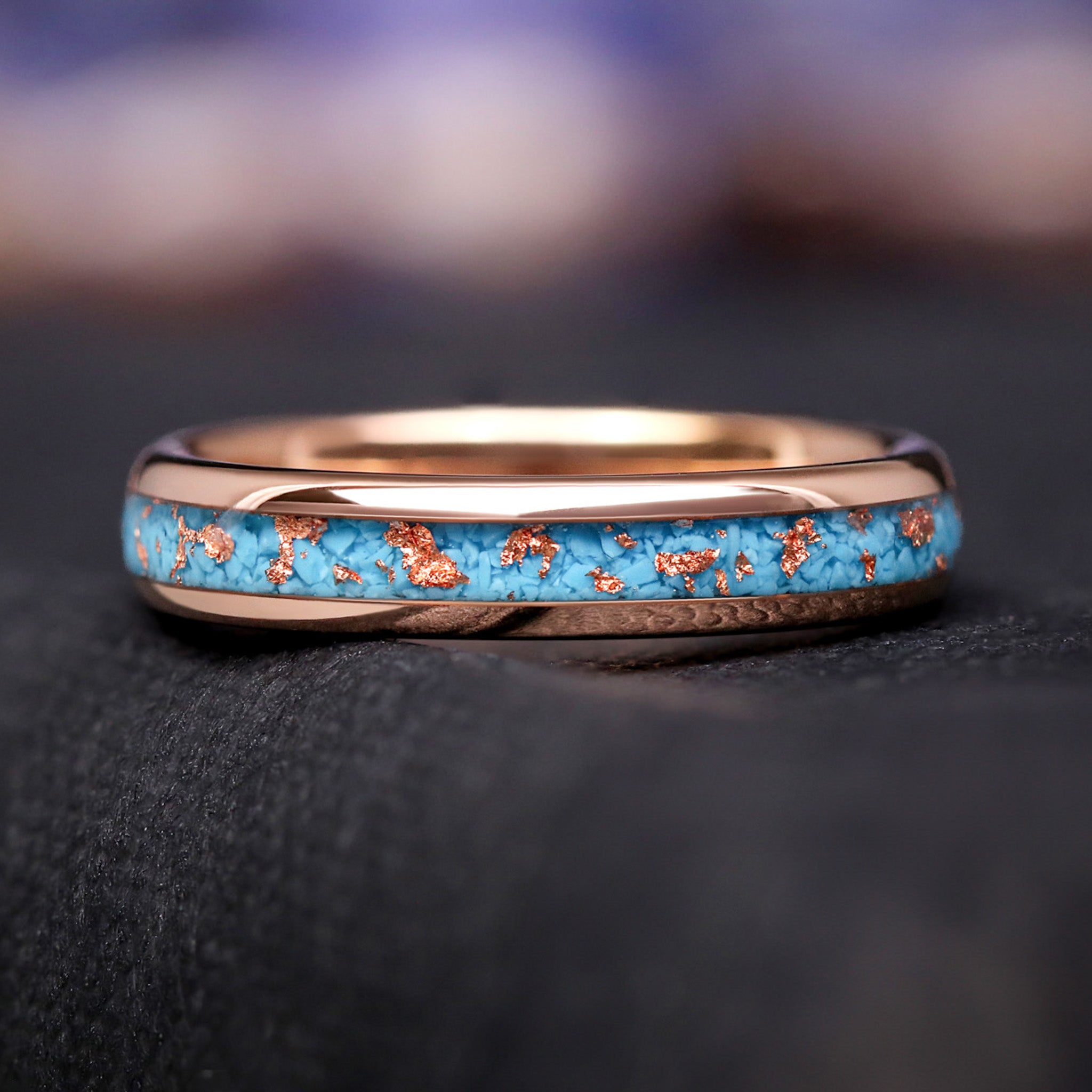 Western Crushed Turquoise Wedding Band, Rose Gold Foil Tungsten Ring, Polished Dome, Comfort Fit, 4mm Unique Ring for Men or Women