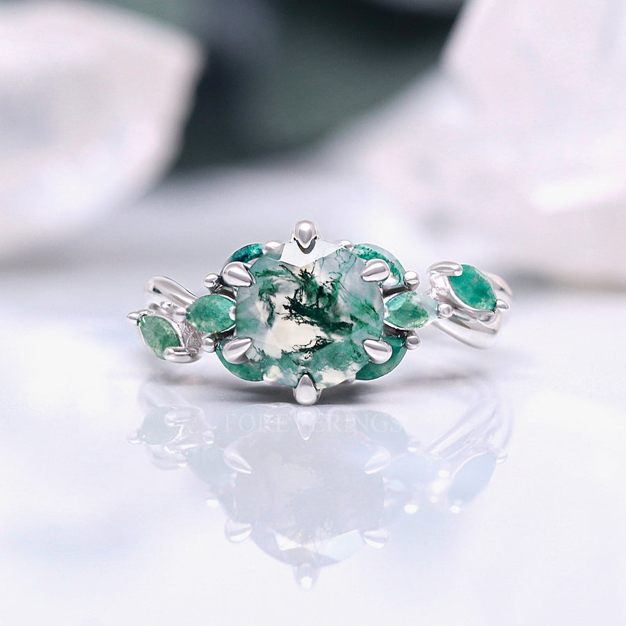 Nesta Moss Agate Ring, Unique Engagement Ring, Enchanted Promise Ring, Fantasy Wedding Ring, 925 Sterling Silver, Womens Nature Leaf Ring