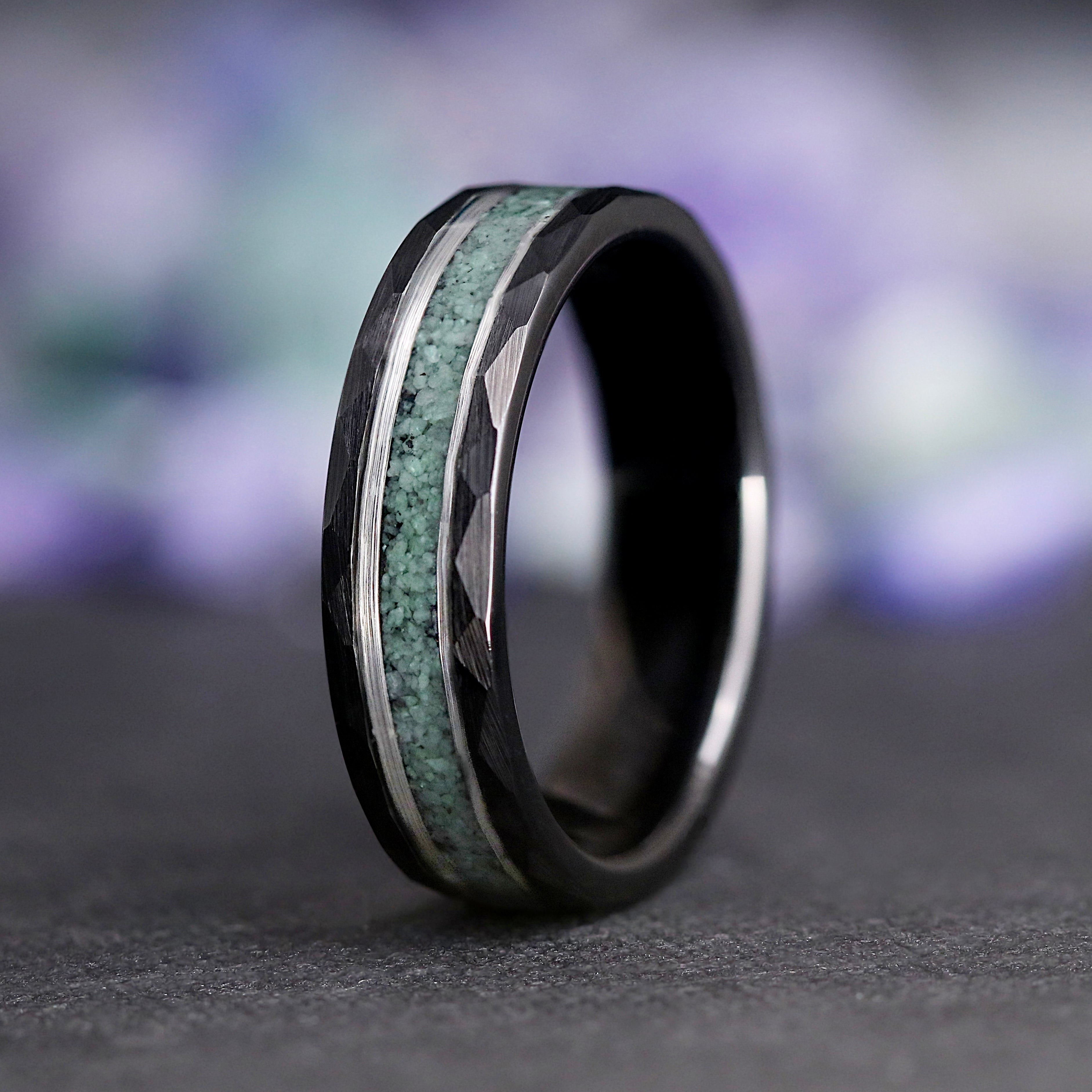 Weaver Green Moss Agate Ring Set, His and Hers Wedding Band Set, Black Ring, Matching Nature Couples Ring, Black Tungsten & Sterling Silver
