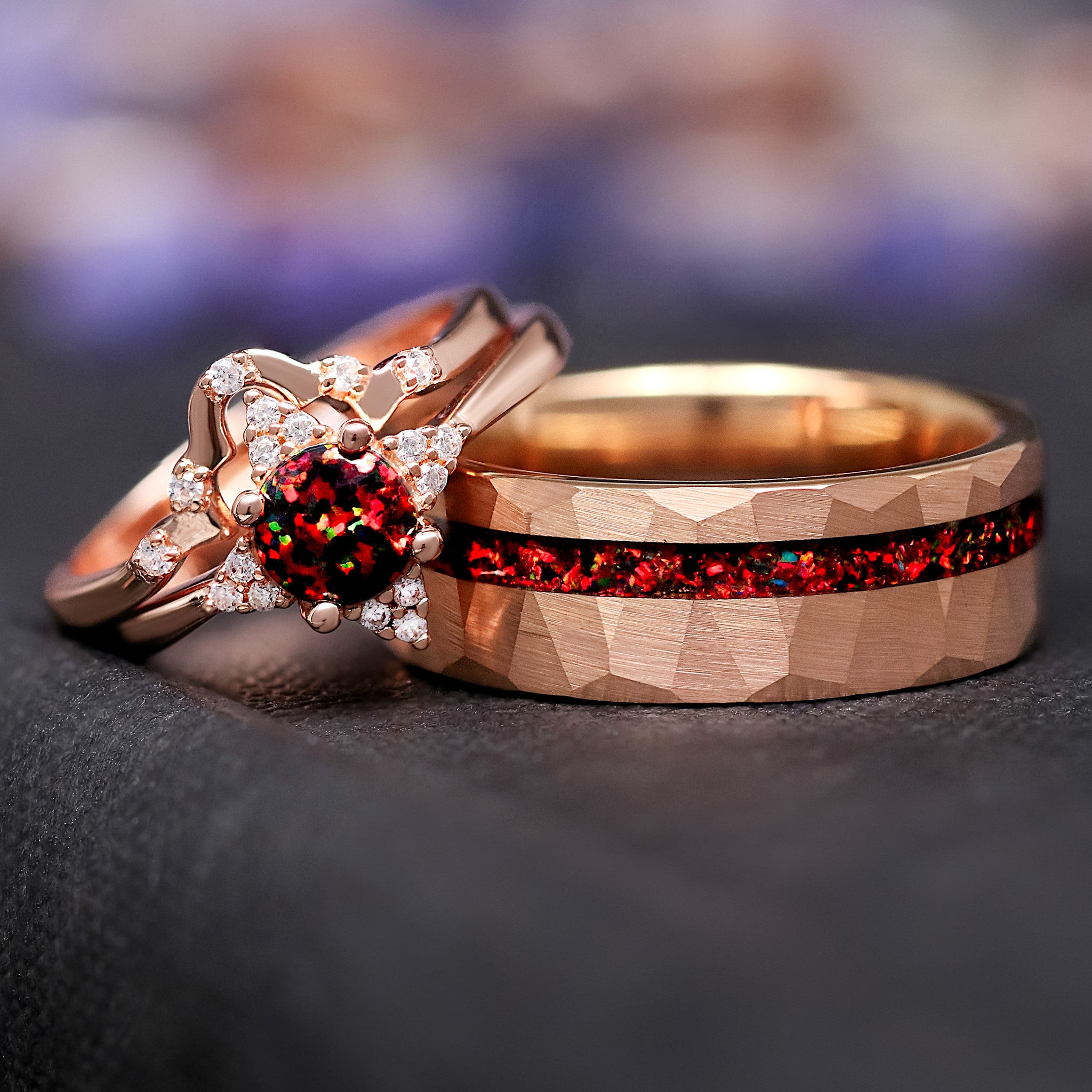 Black Opal Couples Ring in Rose Gold, His and Hers Wedding Ring Set, Black Fire Opal, Matching Bands, Nontraditional Engagement Ring Set