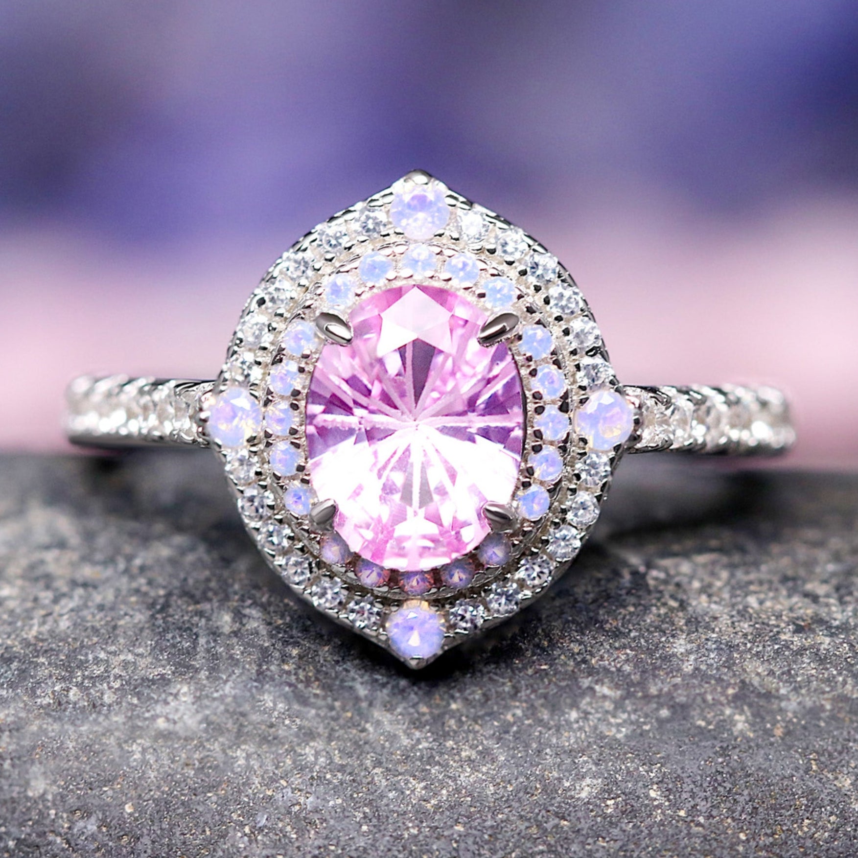Aurelia Lab Pink Sapphire Engagement Ring, Nontraditional Wedding Ring, Woman Silver Promise Ring, Oval Cut Halo Ring, Opalescent Cardinal Stone