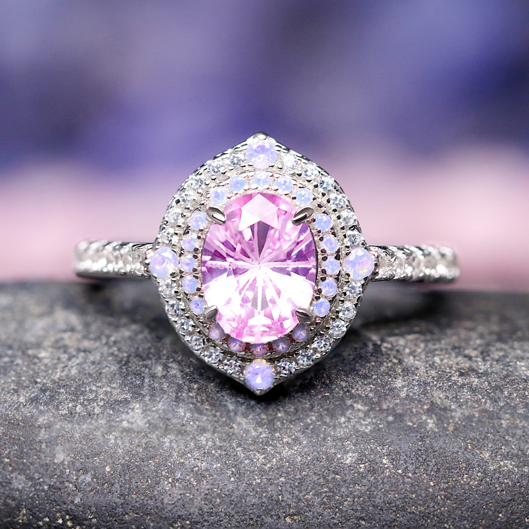 Aurelia Lab Pink Sapphire Engagement Ring, Nontraditional Wedding Ring, Woman Silver Promise Ring, Oval Cut Halo Ring, Opalescent Cardinal Stone