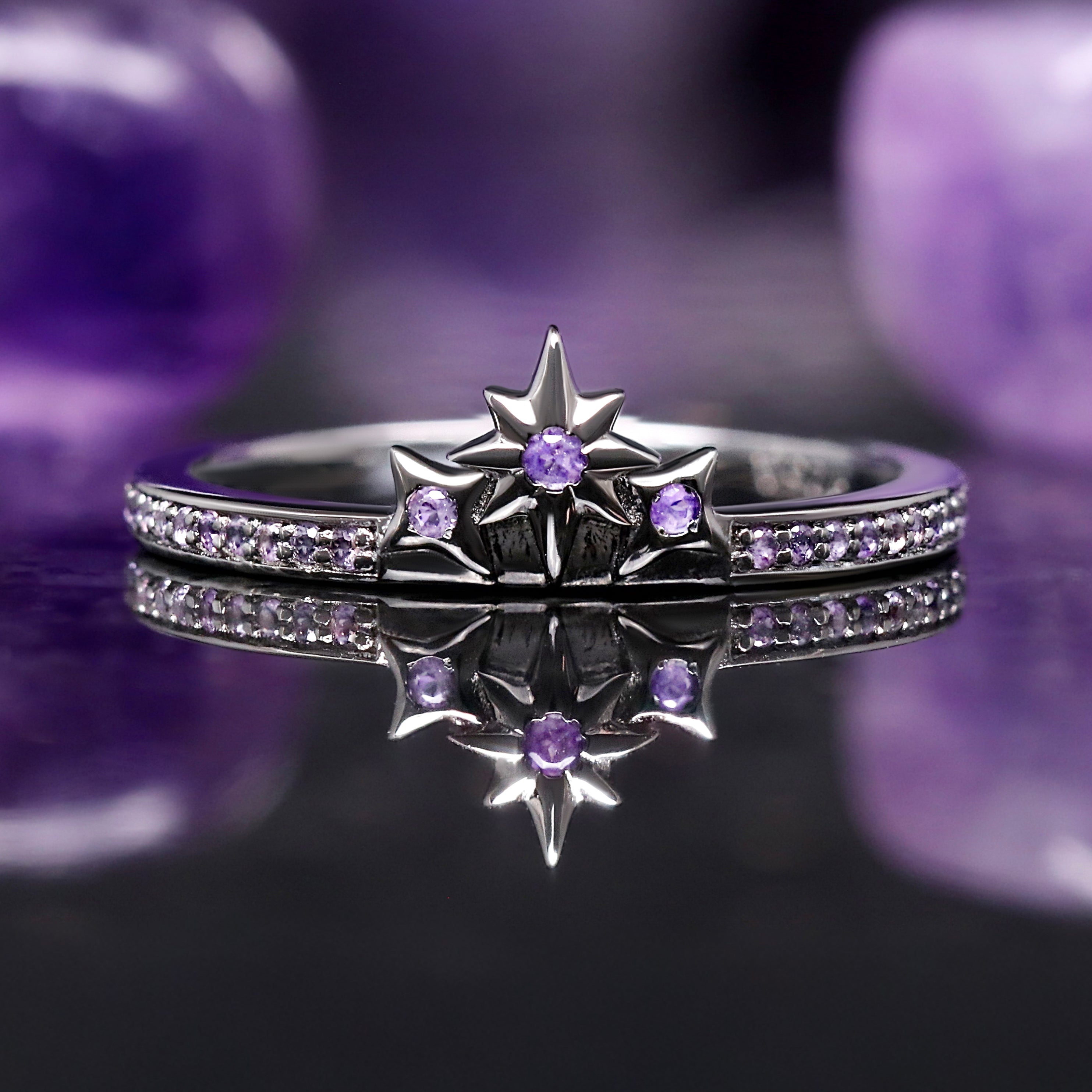 Amethyst Star Stacking Engagement Ring - Women’s Purple Wedding Band, Black Sterling Promise Ring, Space-Inspired Fantasy Jewelry Gift