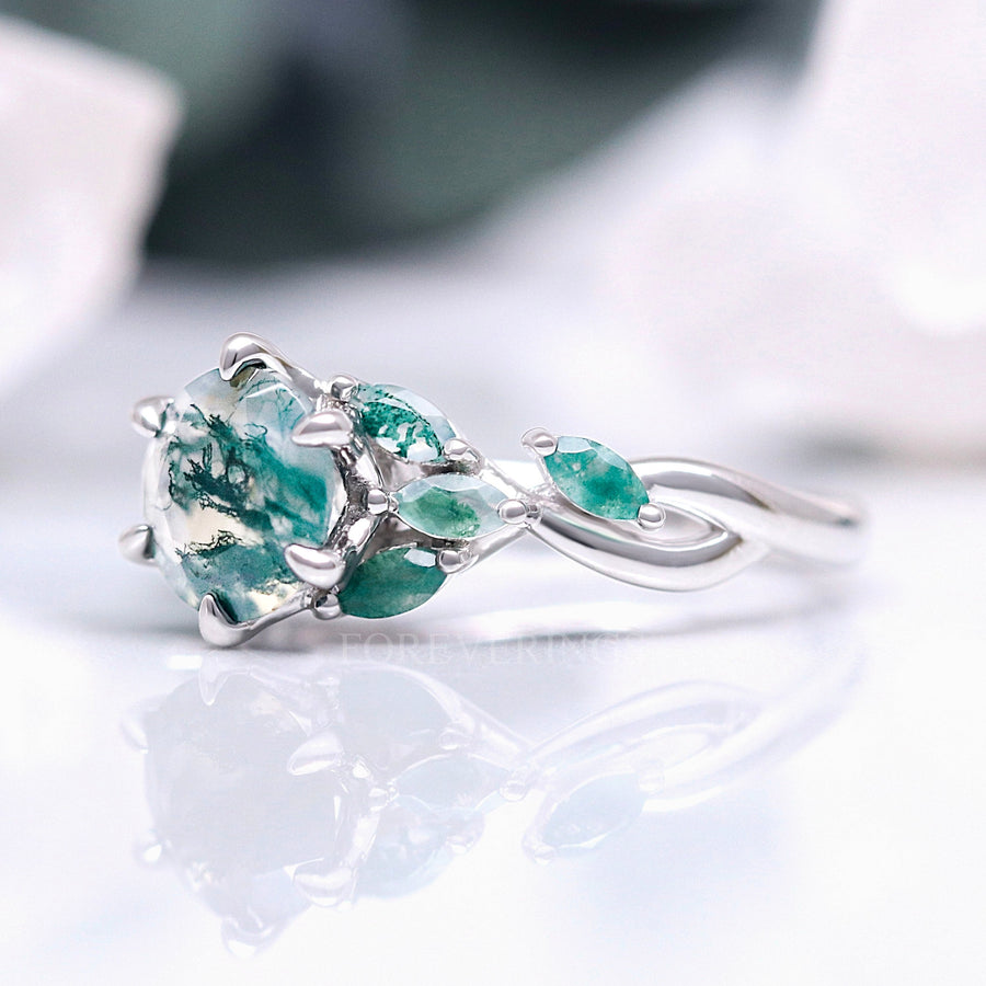 Nesta Moss Agate Ring, Unique Engagement Ring, Enchanted Promise Ring, Fantasy Wedding Ring, 925 Sterling Silver, Womens Nature Leaf Ring