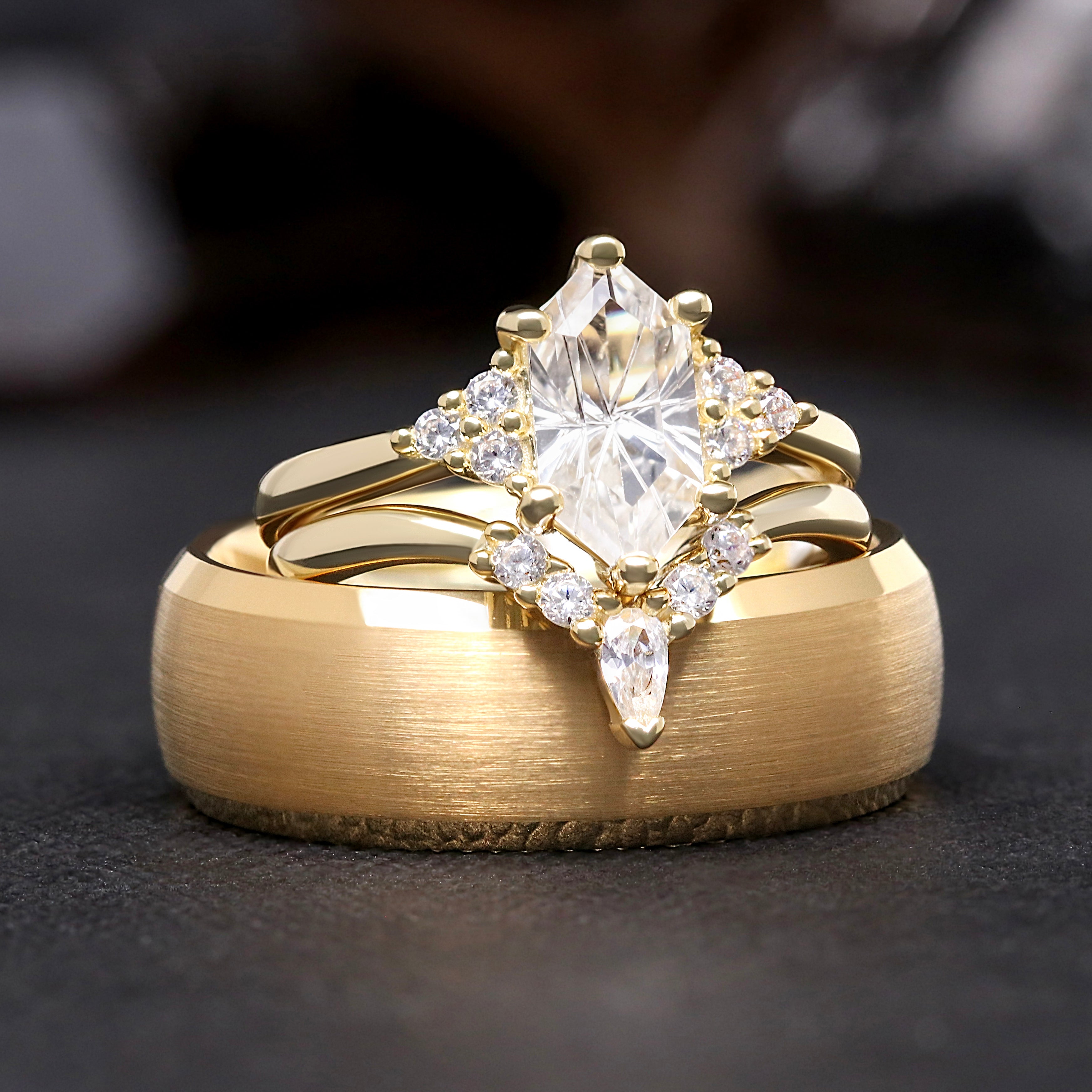 Spire White Sapphire Couples Ring Set, His and Her Gold Wedding Ring Set, Elongated Hexagon Ring, Matching Unique Engagement Ring Set