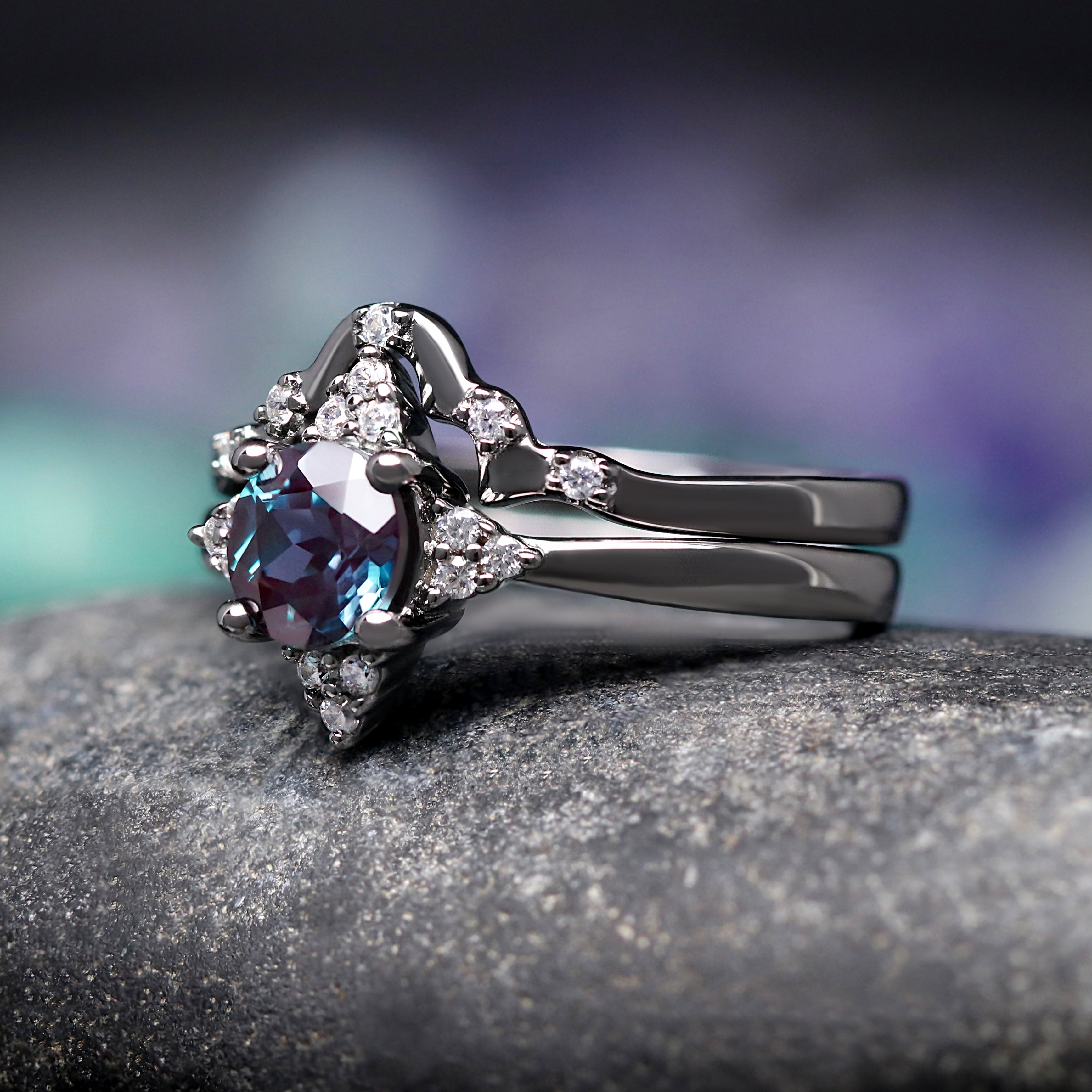 Veloura Black Alexandrite Engagement Ring Set – Unique Wedding Ring for Women, Black Ring, Round Cut Alternative Bridal Set, 925 Silver