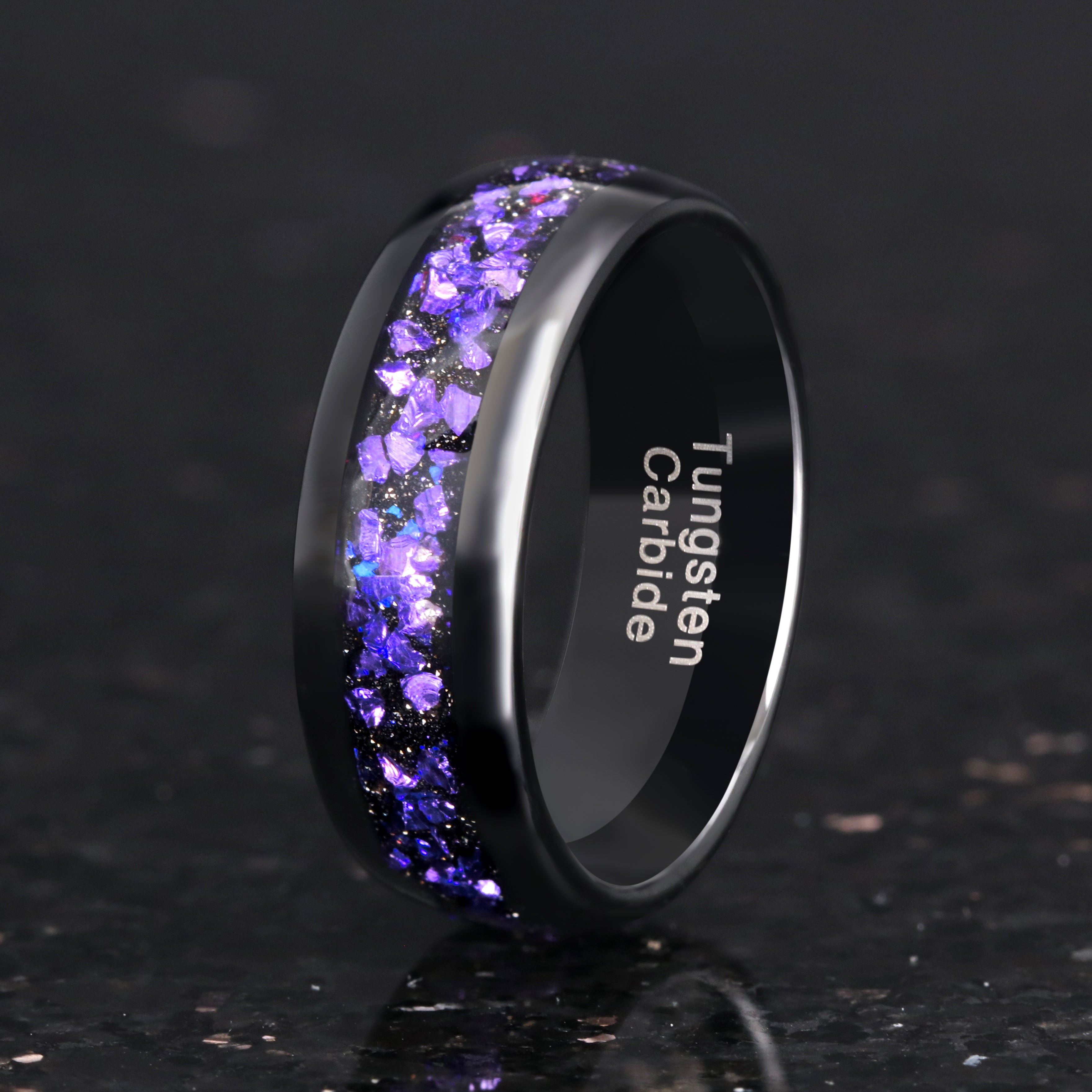 Natural Amethyst Lotus Engagement Ring Set, Unique Fantasy Wedding Ring | Matching Purple Ring for Couple, Black Crab Nebula Stacking Band