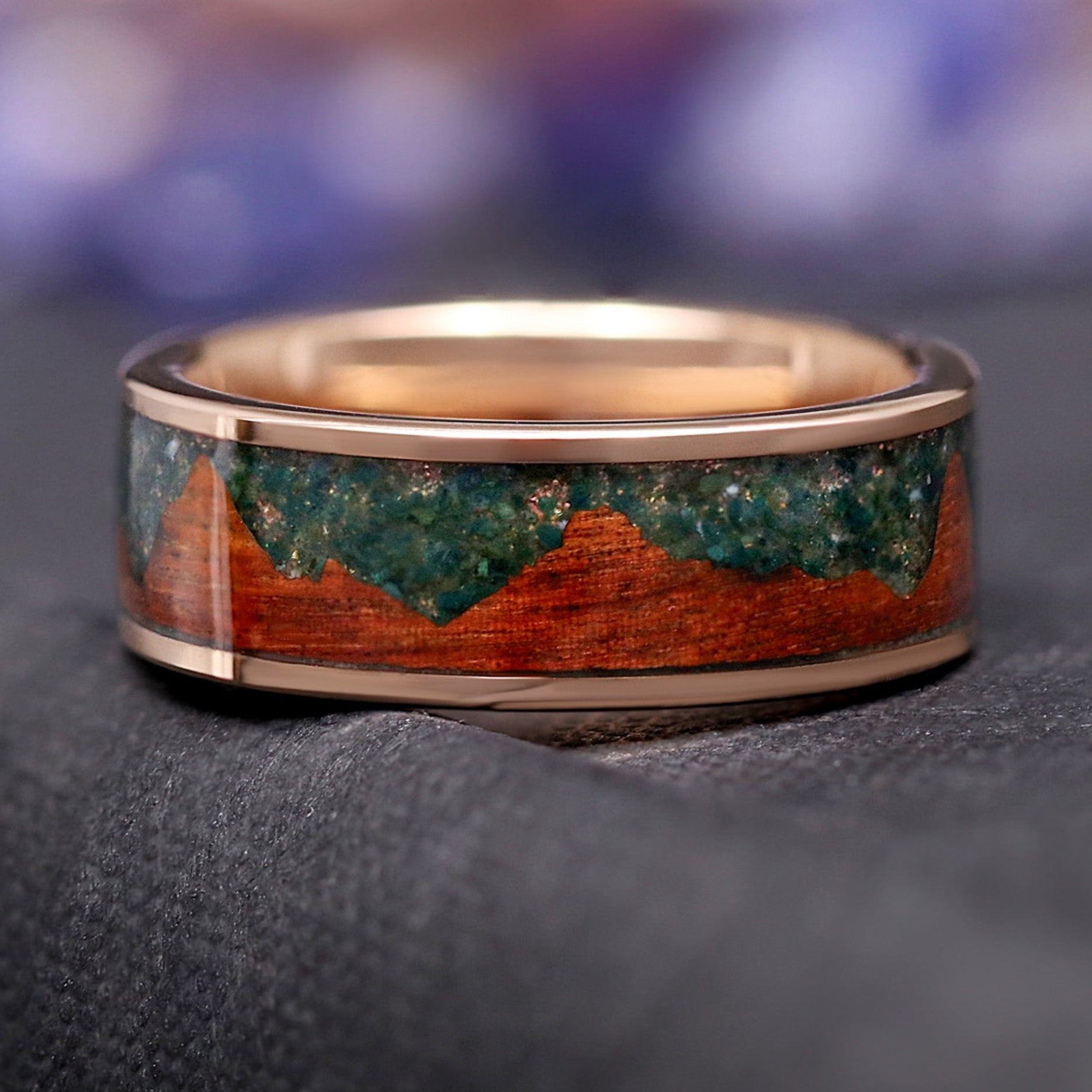 Moss Agate Band for Men, Rose Gold Wedding Band, Mountain Landscape Promise Ring for Him, Flat Polish, Earthy Nature Inspired Tungsten Ring