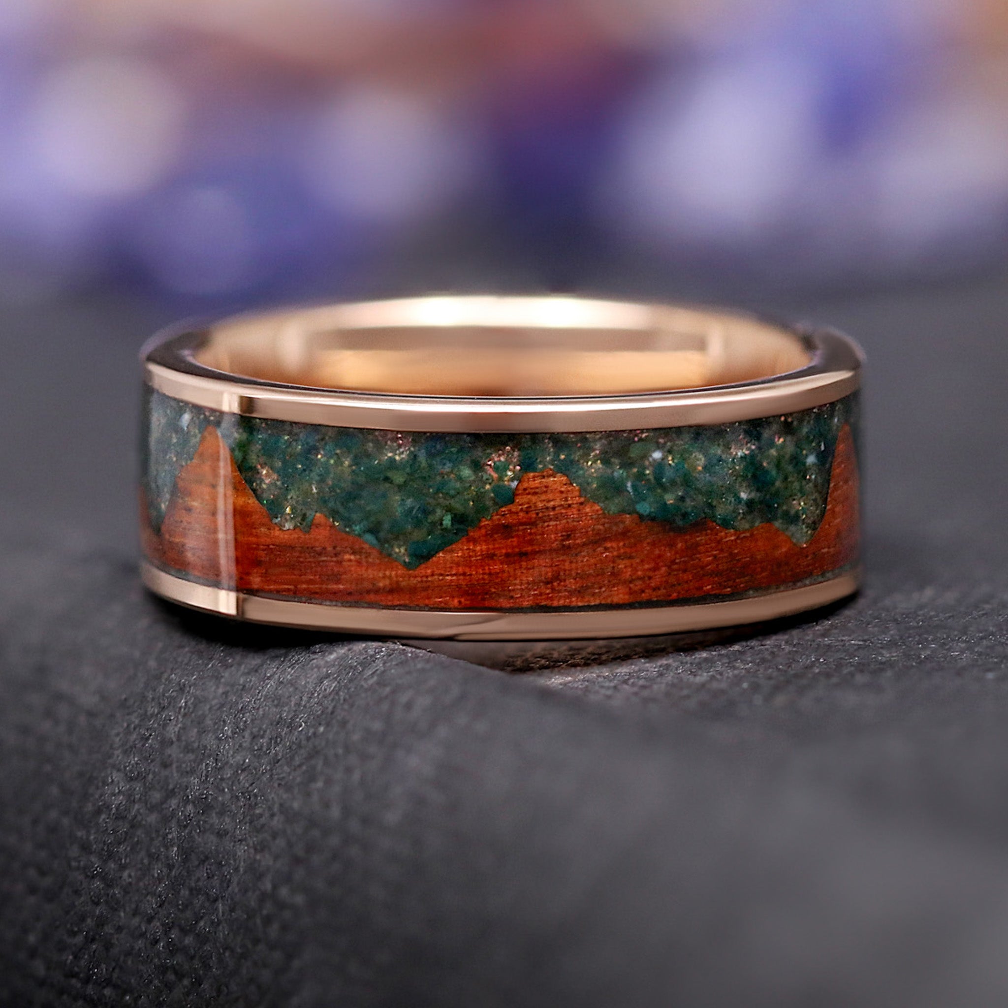 Nesta Moss Agate Couples Ring Set, His and Hers Rose Gold Wedding Bands, Wood Nature Landscape Ring, Unique Engagement or Promise Ring Set