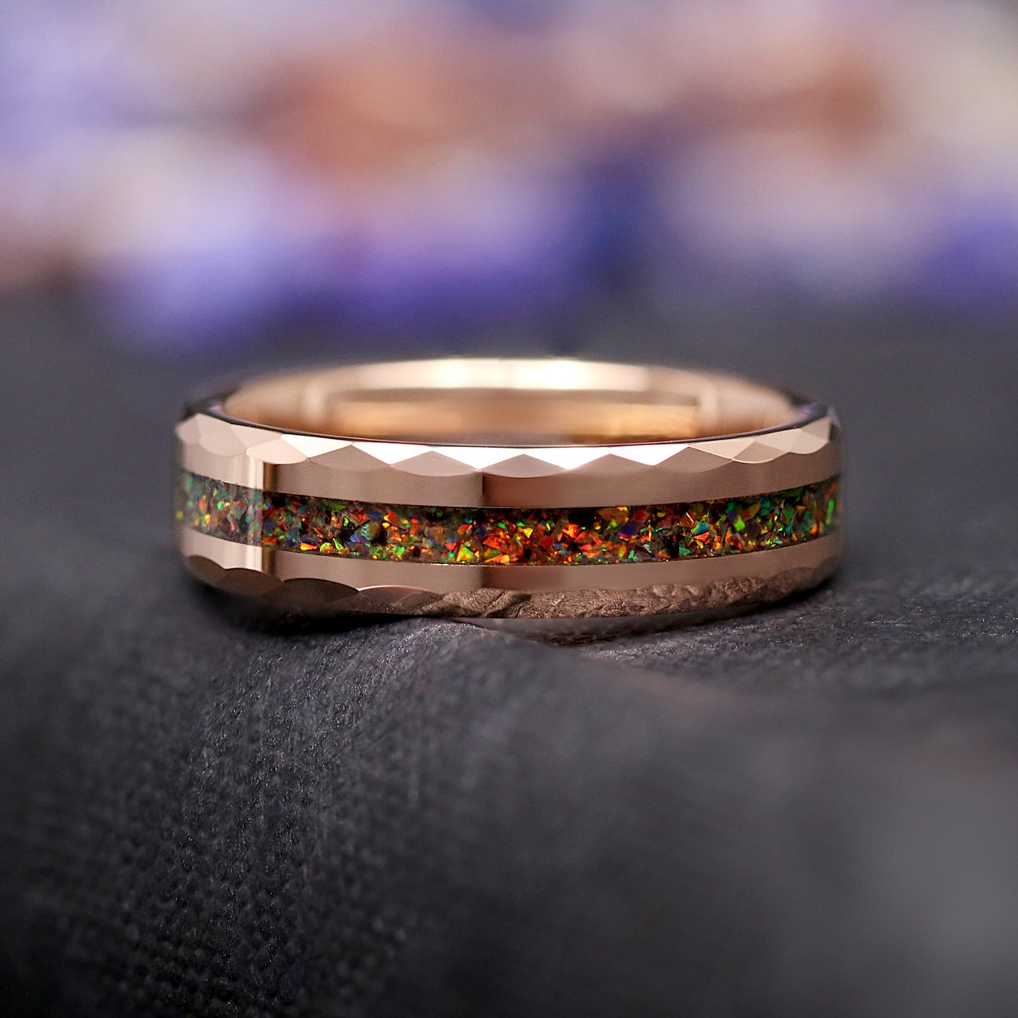 Red Fire Opal Ring, 6mm Rose Gold Mens Wedding Band, Faceted Edge, Centered Crushed Opal Inlay, Unique Promise Ring for Him, Polished Finish