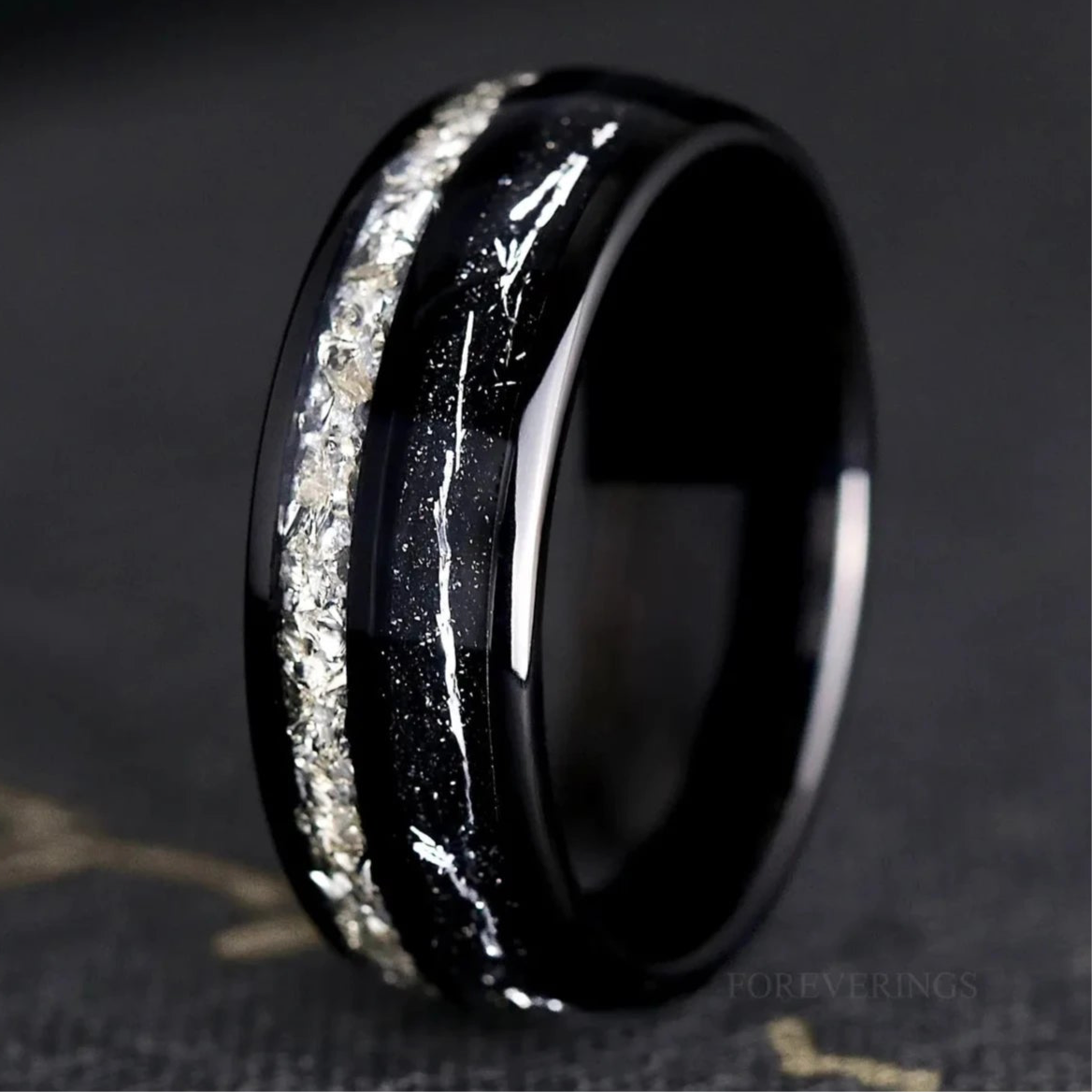 Diamond Black Tungsten Ring - Men Wedding Band, Silver Flake Inlay, Black Dust, Polish Dome, Unique Groom Ring for Him, Men Engagement Ring