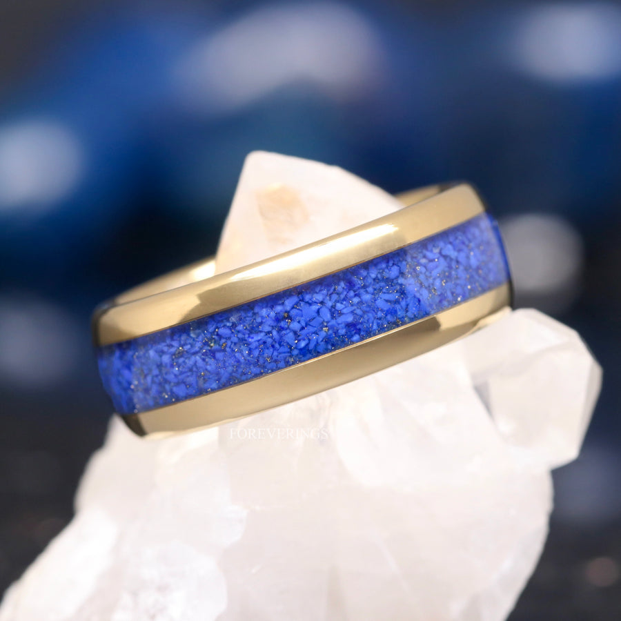 Gold Lapis Lazuli Ring Set, His and Hers Wedding Band, 8mm & 4mm Gold Tungsten Ring Set, Matching Couples Ring, Gold and Blue Lapis Ring